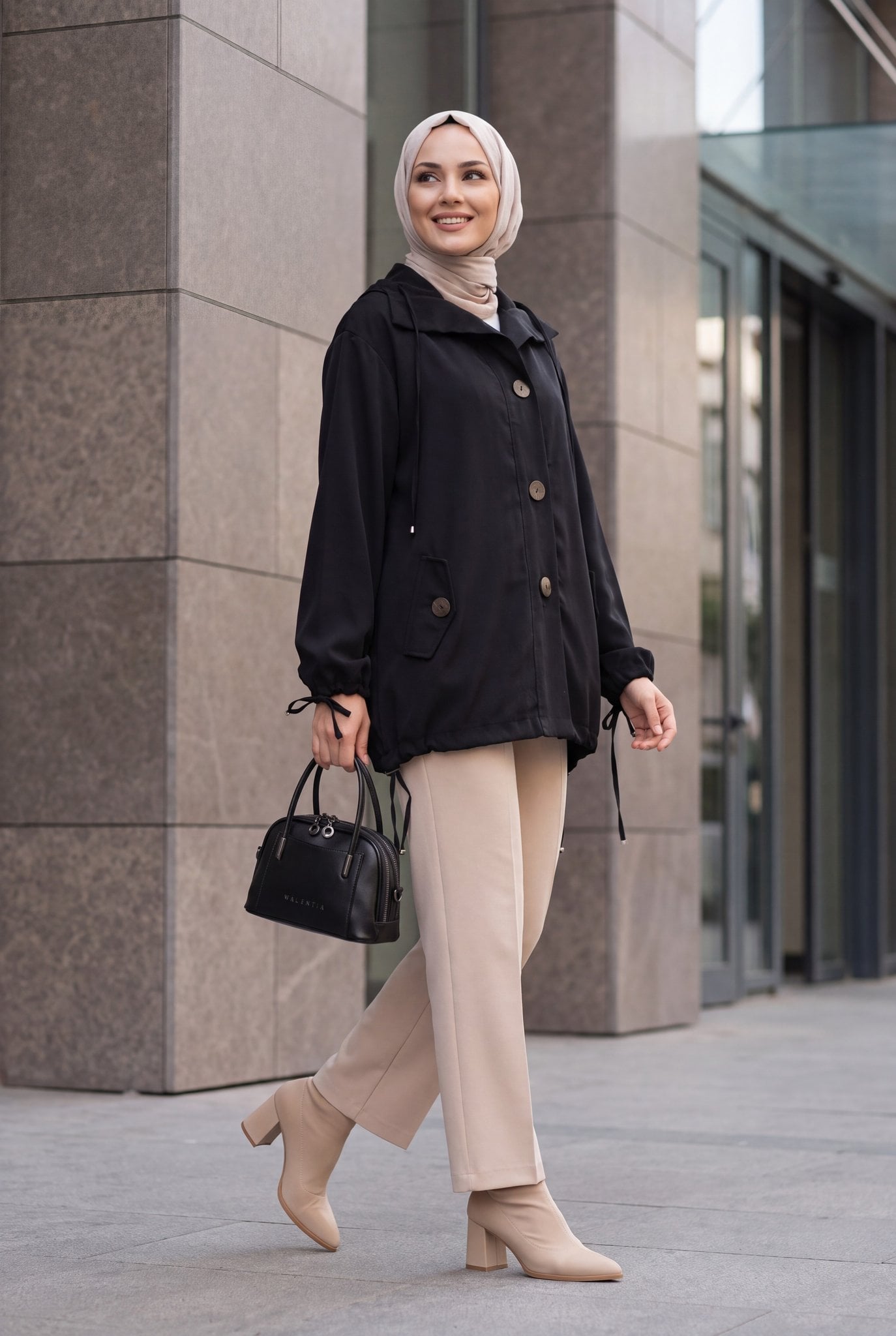 Black Tencel Jacket with Lace-Up Collar and Sleeves, Drawstring Hem, Flap Pockets - Podyumplus - by Peralane