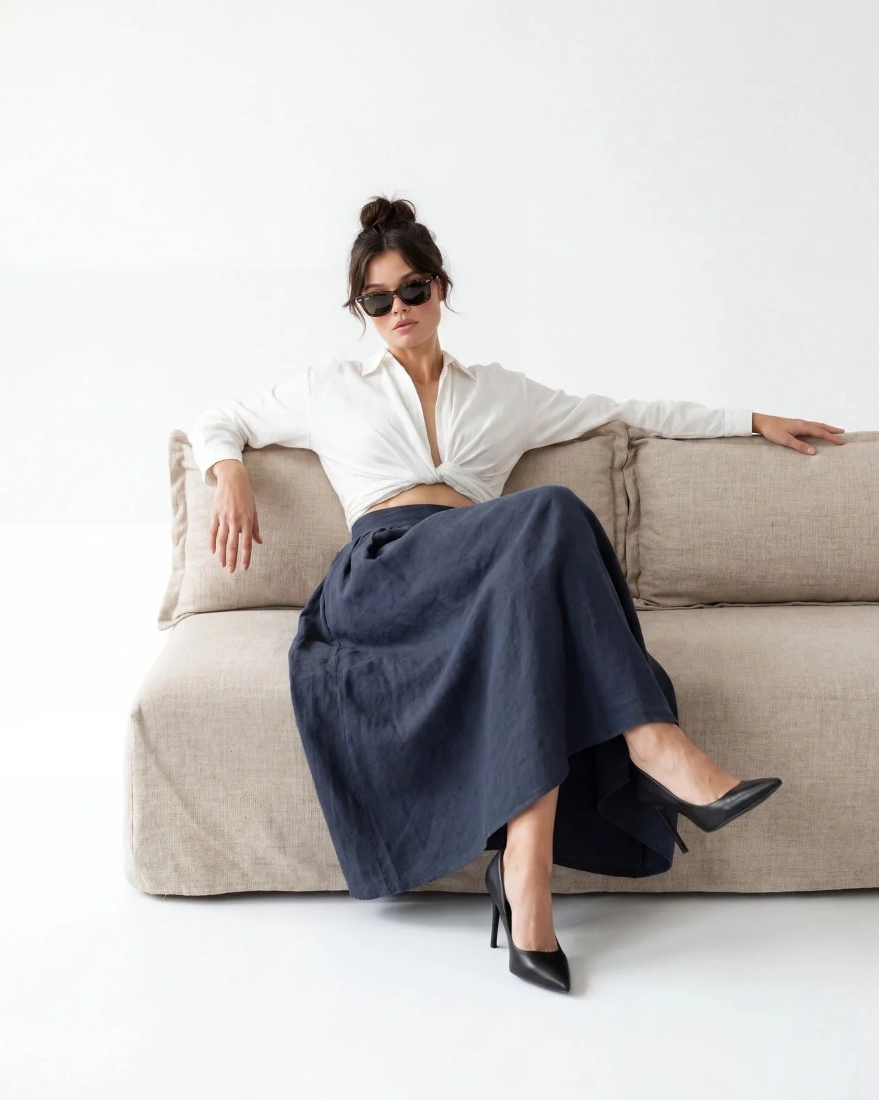 Women's Navy Blue Full-Length Linen Skirt - Fame - by Peralane - photo 2