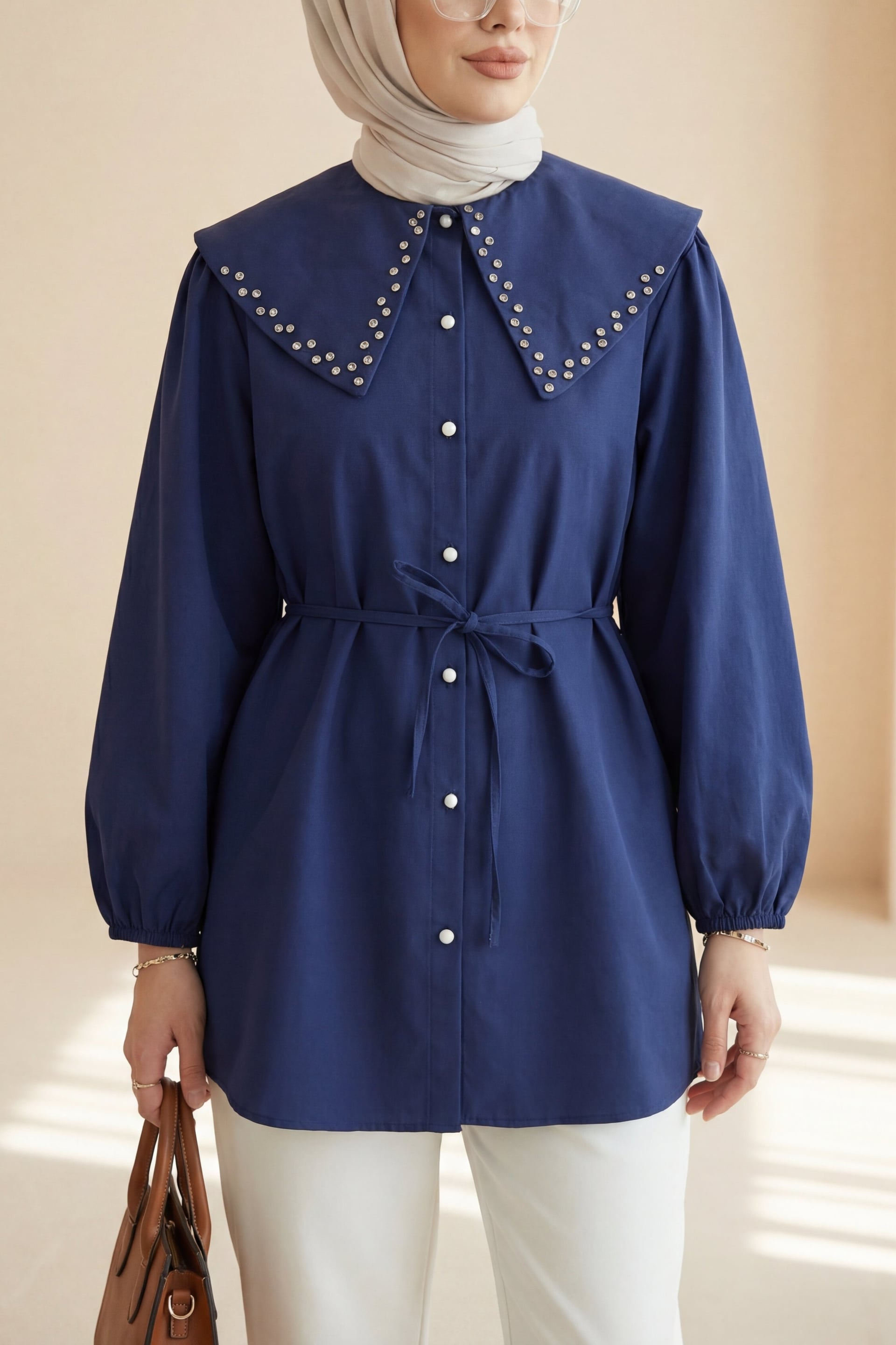 Navy Blue Wide Collar Studded Tunic with Tie Belt - Podyumplus - by Peralane