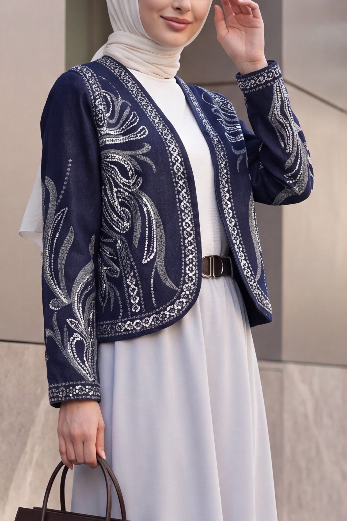 Embroidered Sequin Detail Denim Jacket in Dark Navy - Podyumplus - by Peralane - photo 2