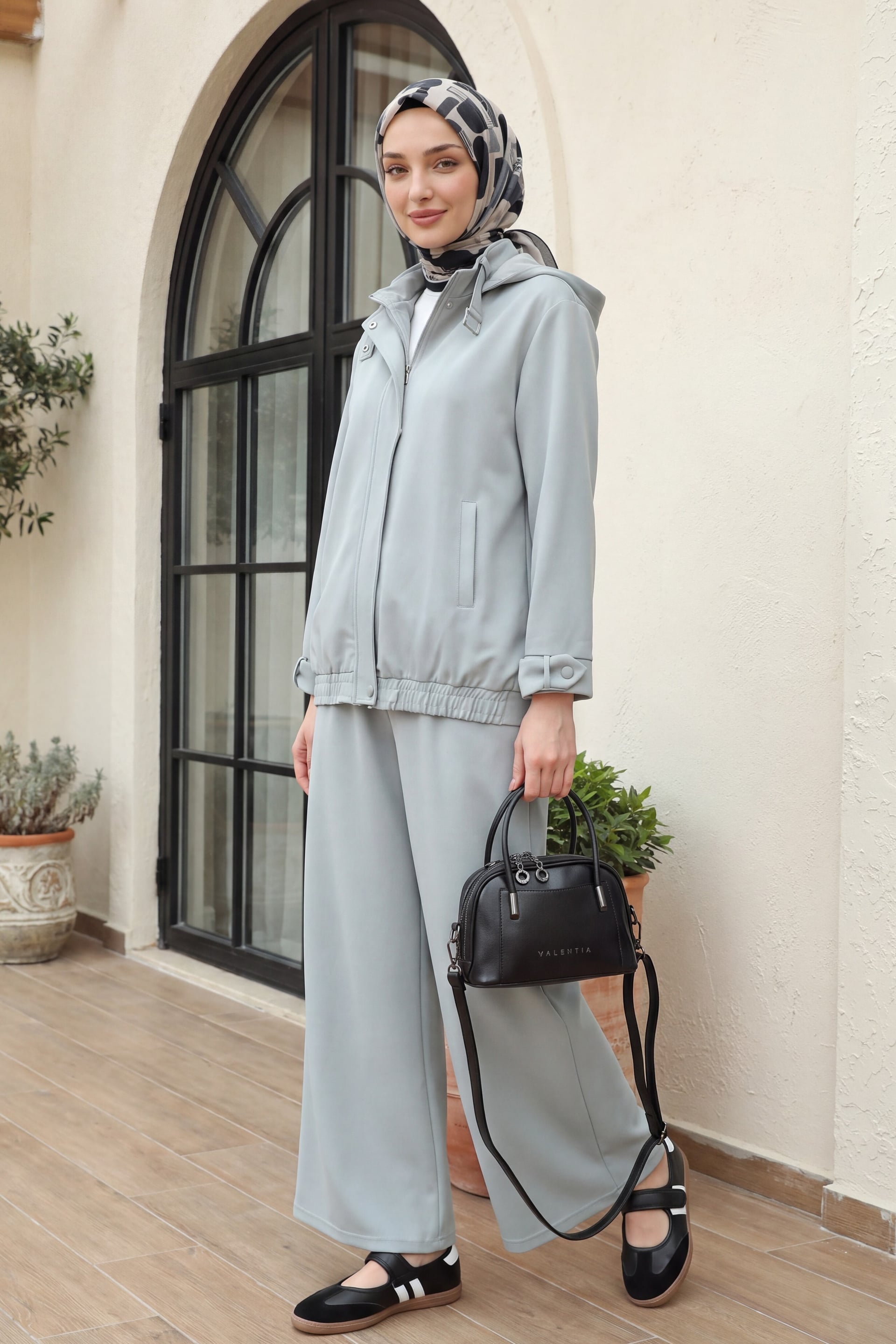 Belted Collar and Cuff Hooded Jacket with Pleated Wide-Leg Trousers Two-Piece Set - Light Grey - Podyumplus - by Peralane