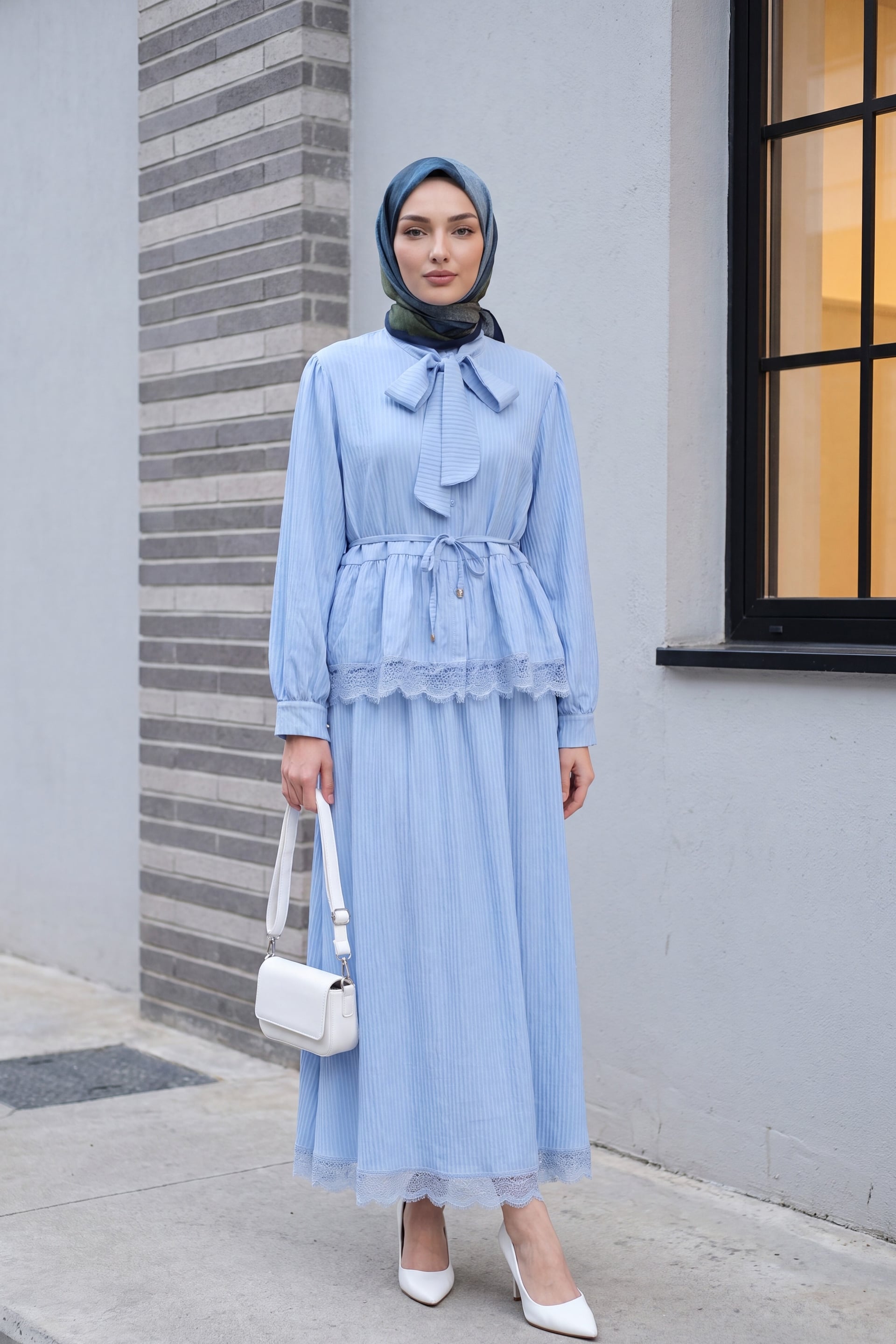 Pussy-Bow Neck Tie-Belt Pleated Crepe Co-ord Set - Baby Blue - Podyumplus - by Peralane - photo 4