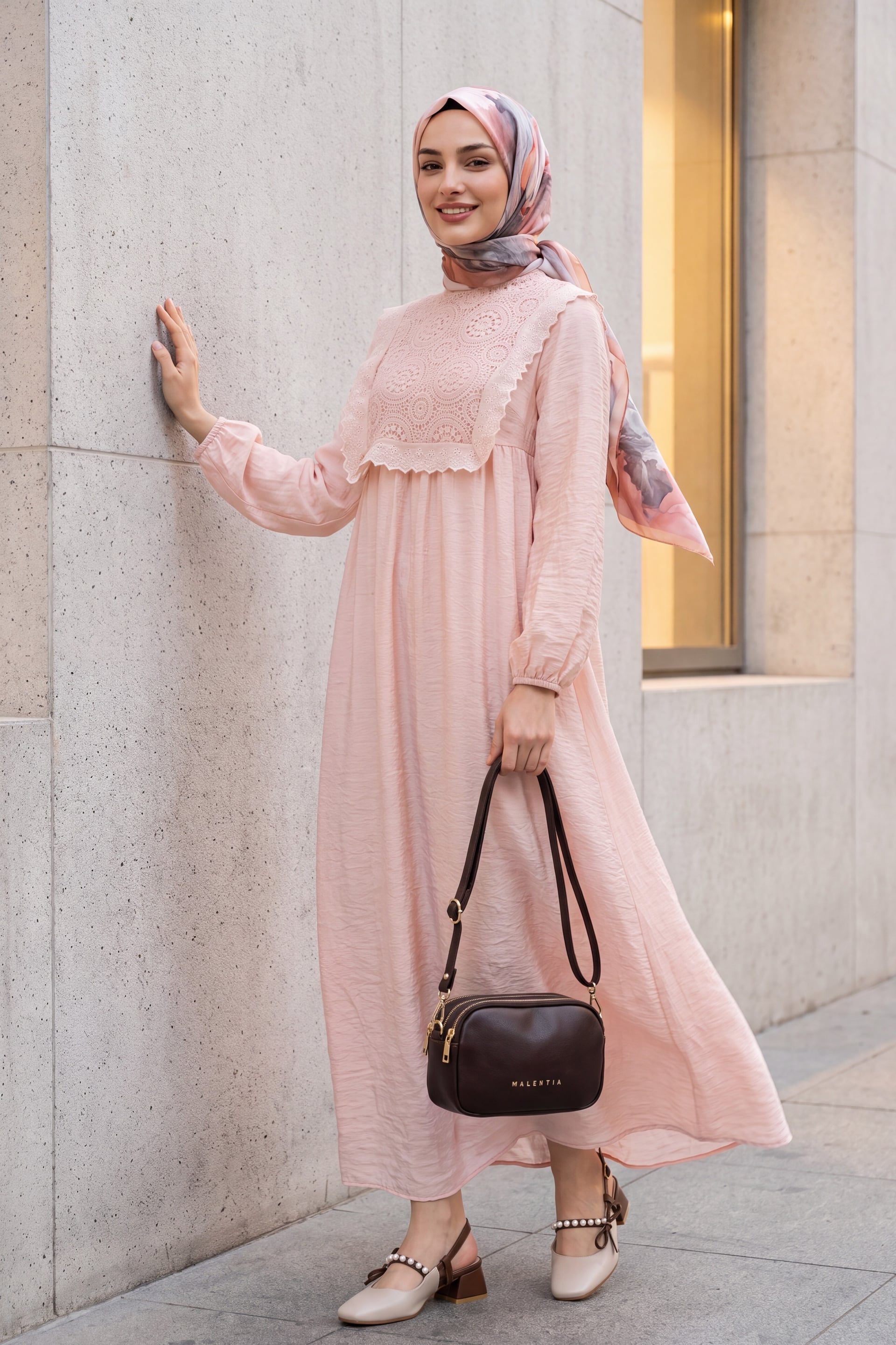 Removable Lace Vest Long-Sleeved Lined Crepe Dress - Powder - Podyumplus - by Peralane