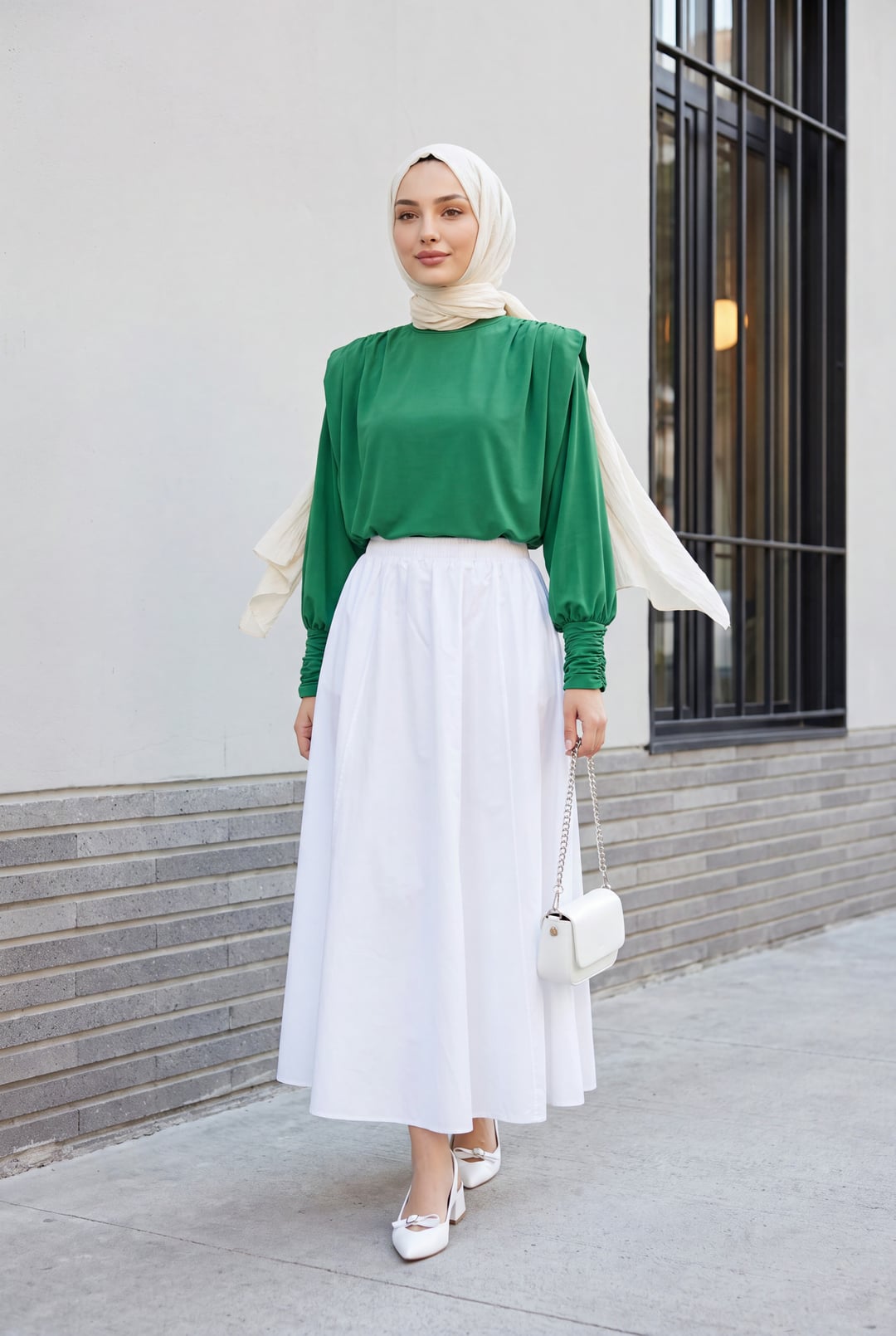 Padded Shoulder Ruched Sleeve Blouse - Green - Podyumplus - by Peralane - photo 5