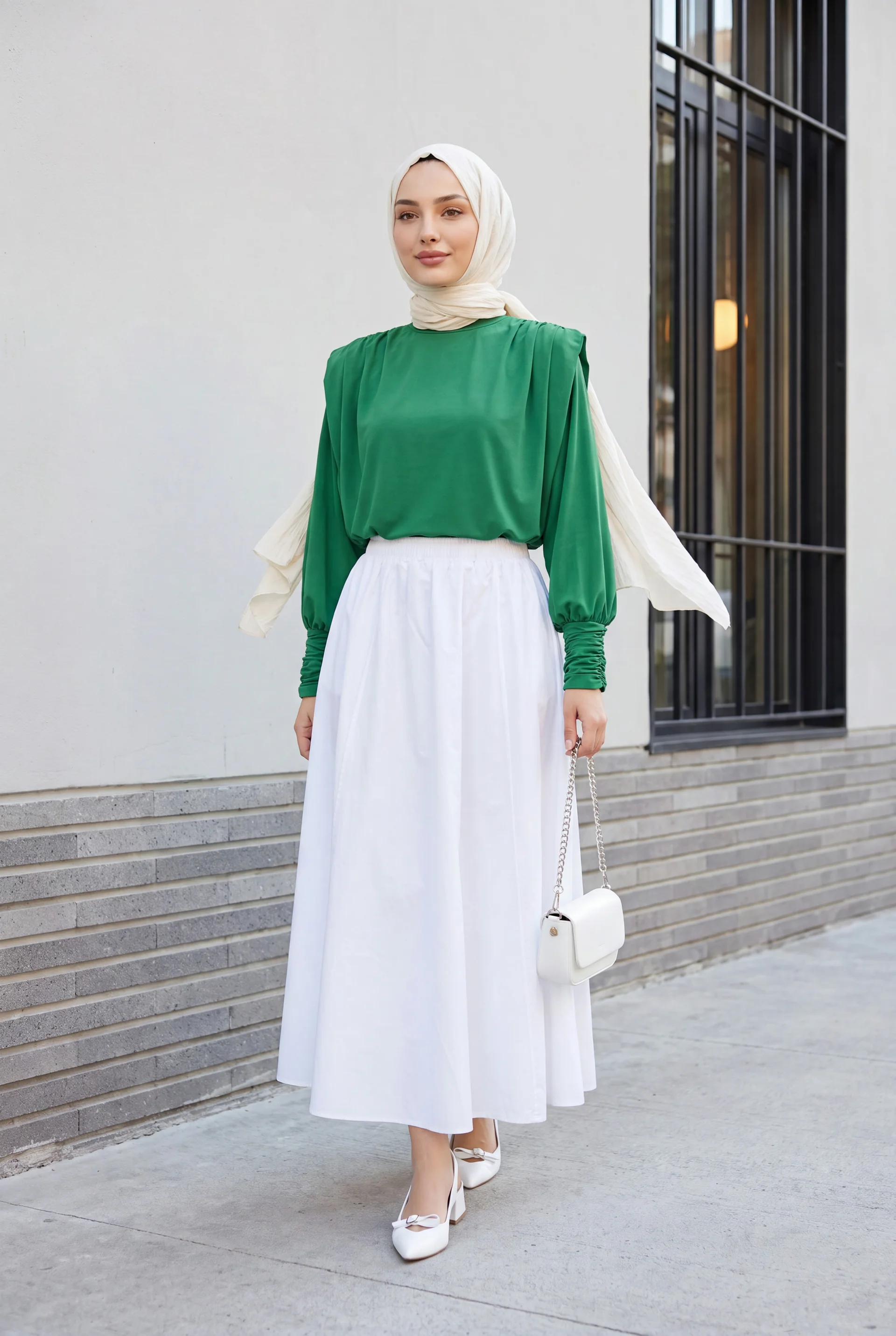 Padded Shoulder Ruched Sleeve Blouse - Green - Podyumplus - by Peralane - photo 5
