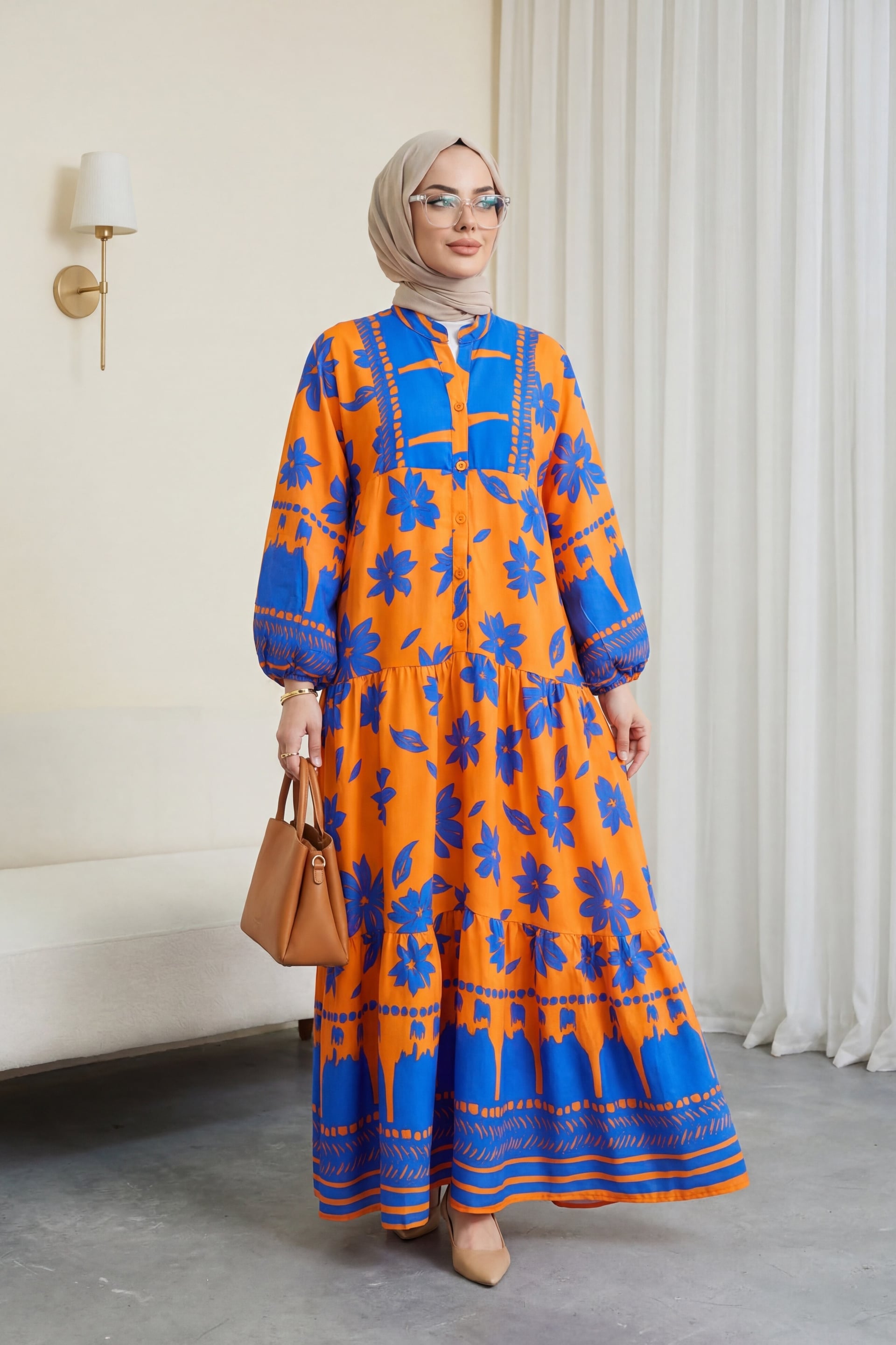 Half-Buttoned Long-Sleeved Floral Print Dress - Orange - Podyumplus - by Peralane