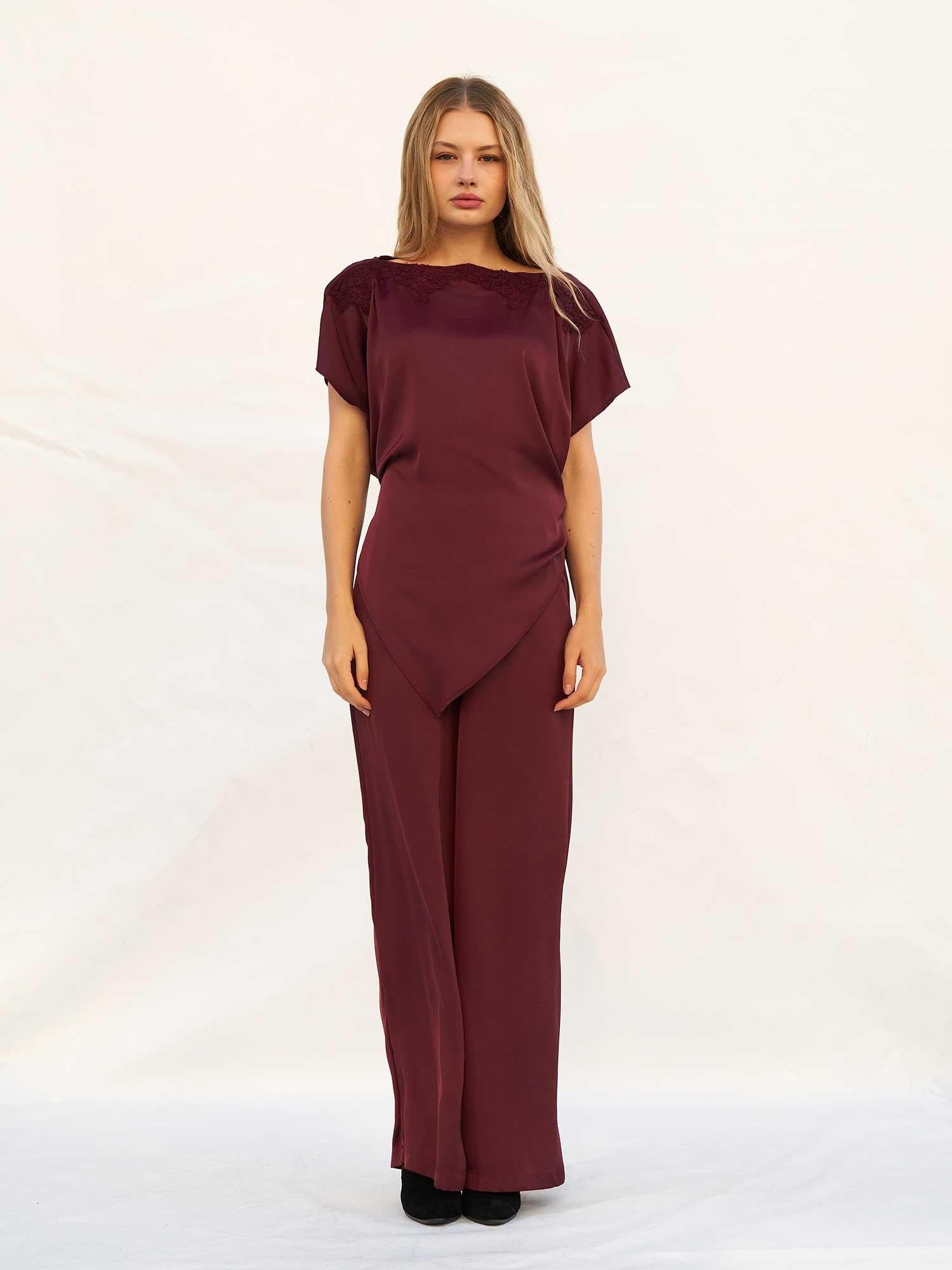 Lace Trim Asymmetric Satin Blouse and Wide-Leg Trousers Set in Burgundy - Lefon - by Peralane
