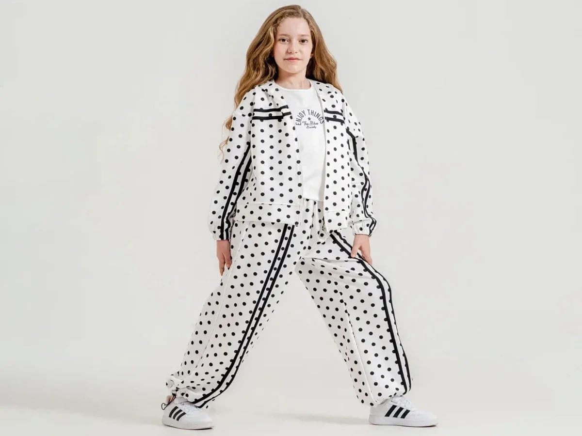 Girls' Striped Cardigan Zip Tracksuit Set - White with Polka Dots - ÖZ Bebe - by Peralane