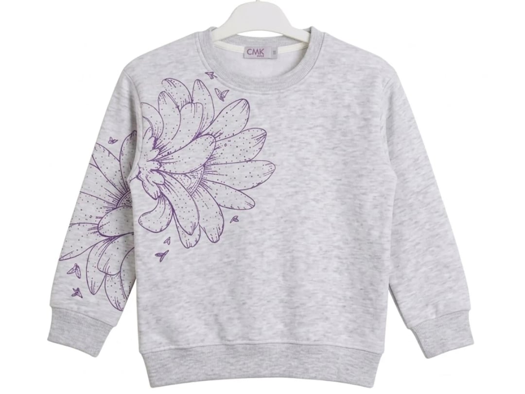 Girls' Flower Print 3-Thread Brushed Fleece Sweatshirt - Light Grey - CMK - by Peralane