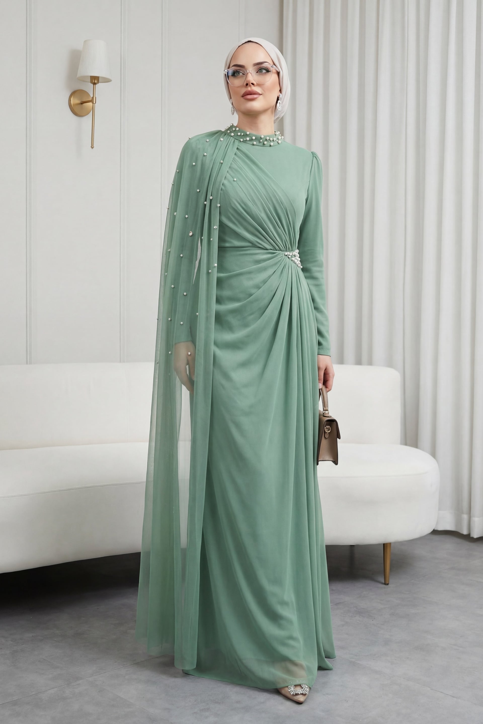 Pearl Detail High Neck Evening Dress with Tulle Capelet - Sage Green - Podyumplus - by Peralane - photo 3