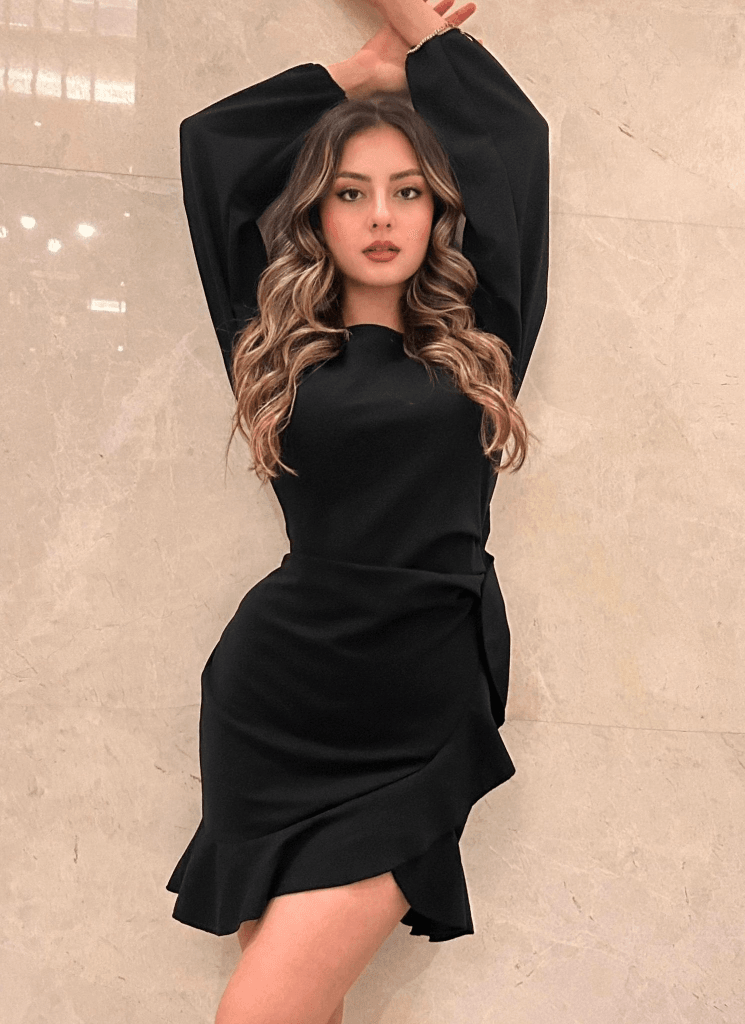 Women's Long-Sleeved Round Neck Crepe Dress with Front Flounce - Janes - by Peralane - photo 7