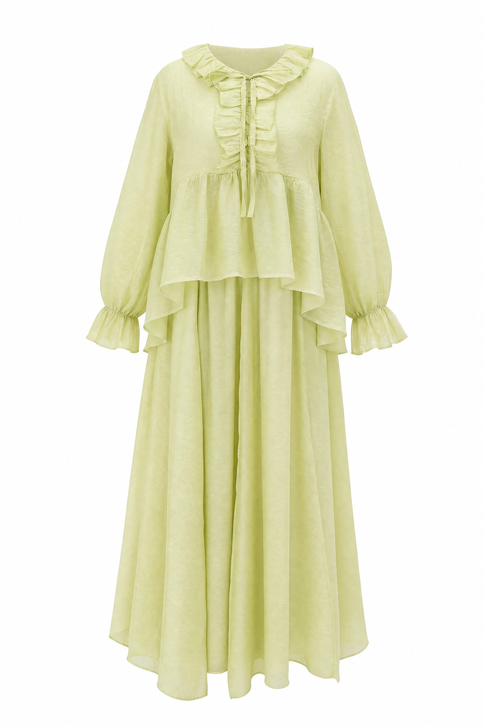 Tie-Neck Ruffled Sleeve Asymmetric Tulle Voile Co-ord Set in Pale Green - Podyumplus - by Peralane - photo 5