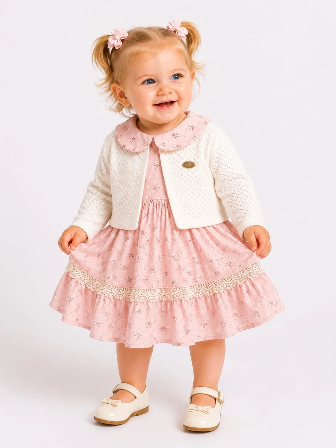 Crispy Pattern Baby Dress and Cardigan Set - Pink - Serkon Baby - by Peralane