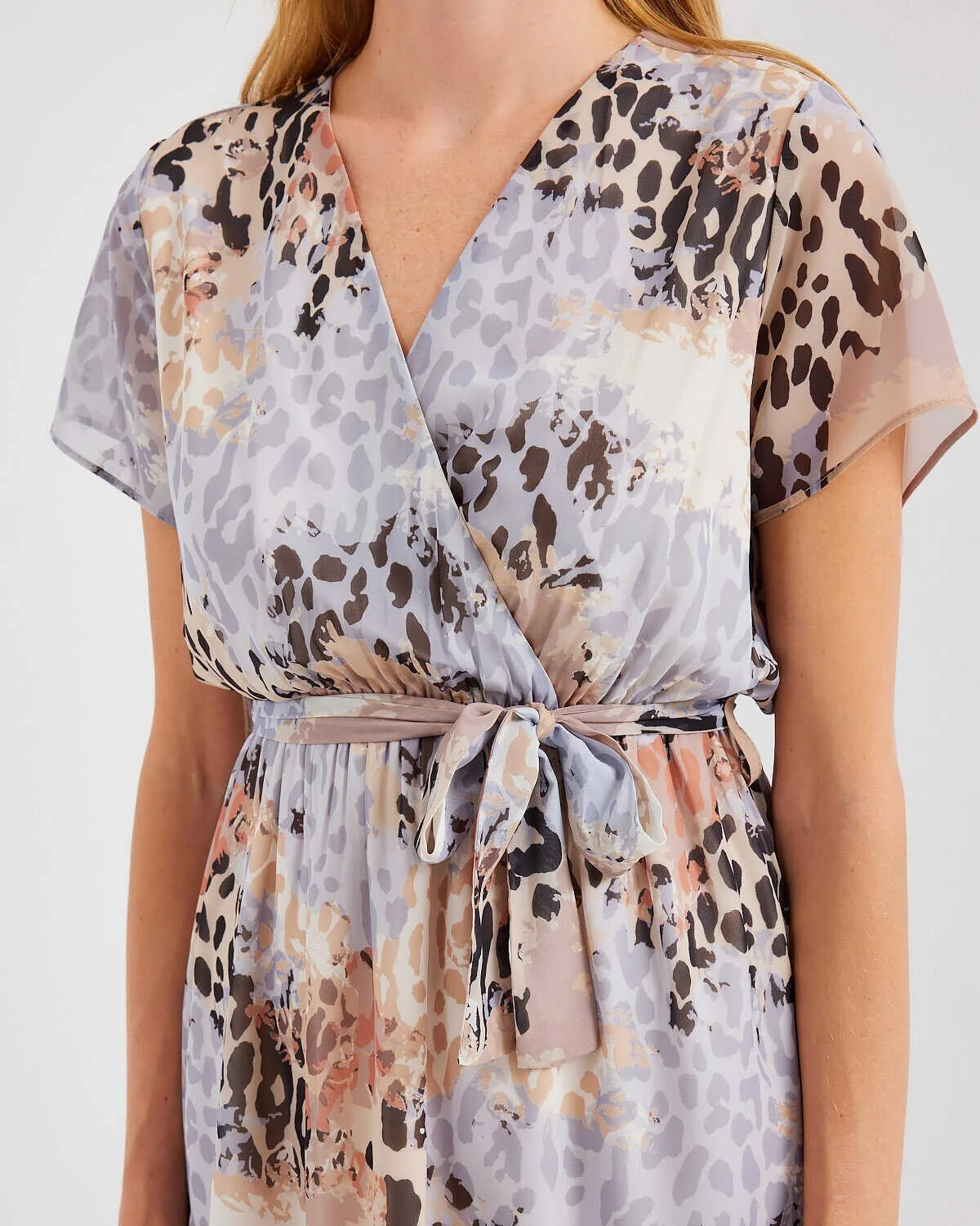Printed V-Neck Short-Sleeve Chiffon Dress for Women - Grey - Wholeskop - by Peralane - photo 3