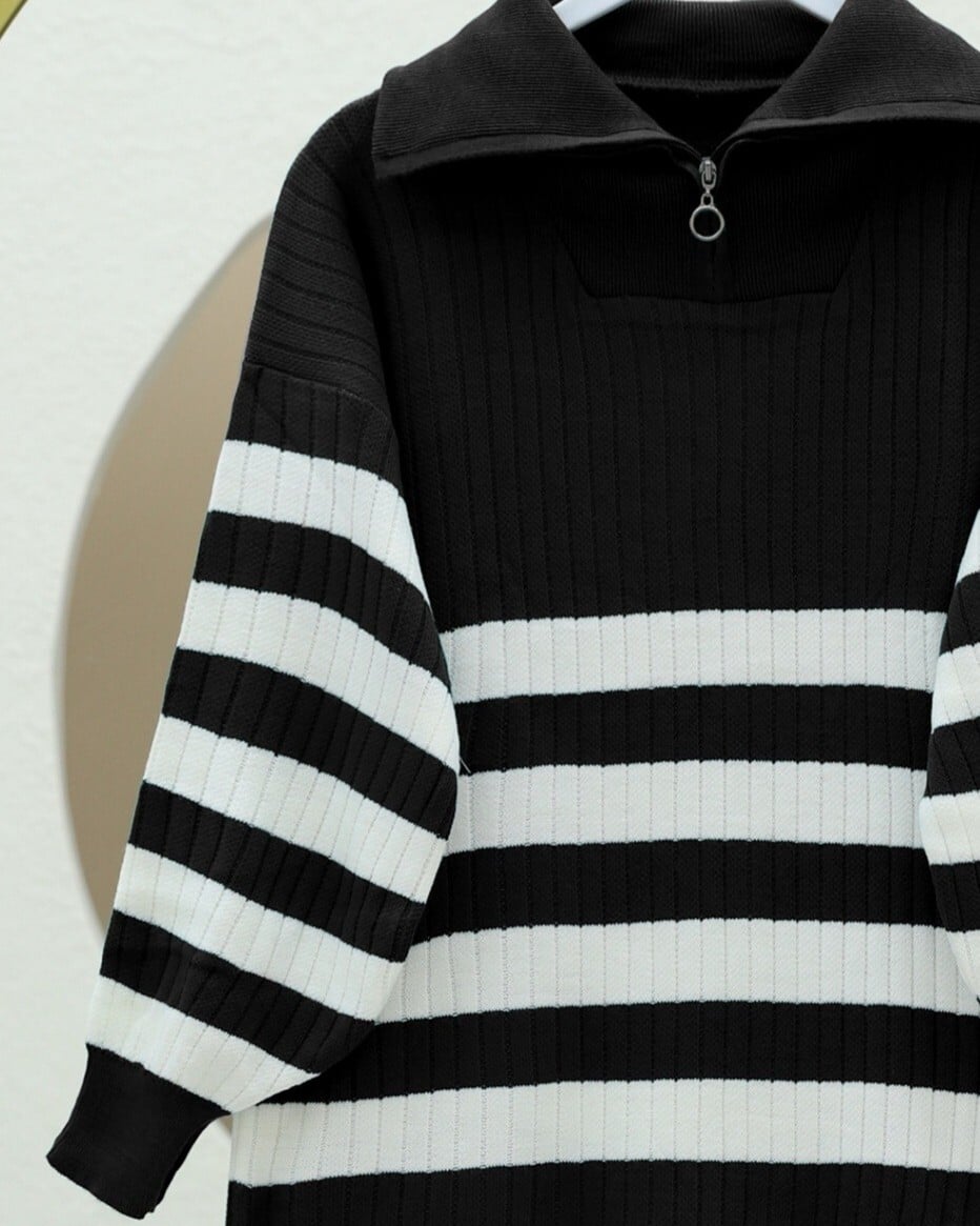Ribbed Half-Zip Tunic Dress with Striped Skirt - Black/White - Podyumplus - by Peralane - photo 4