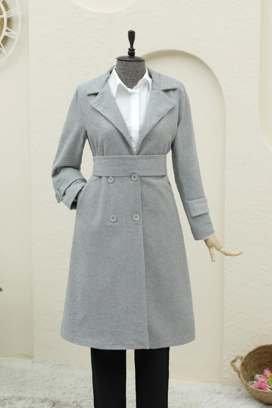 Women's Grey Double-Breasted Belted Wool Coat with Back Bolero Detail - Podyumplus - by Peralane - photo 4