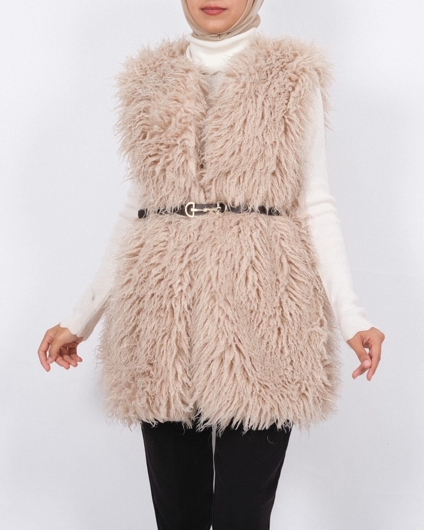 Belted Faux Fur Vest with Side Pockets - Light Beige - Podyumplus - by Peralane - photo 3