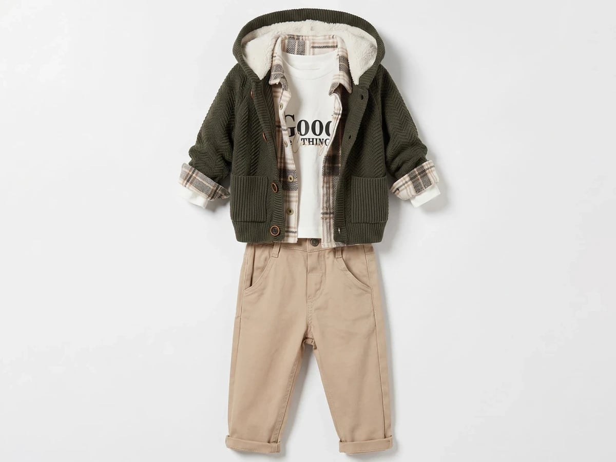 Boys' 4-Piece Knit Cardigan Set with Plaid Shirt and Trousers - Green - Canoz - by Peralane