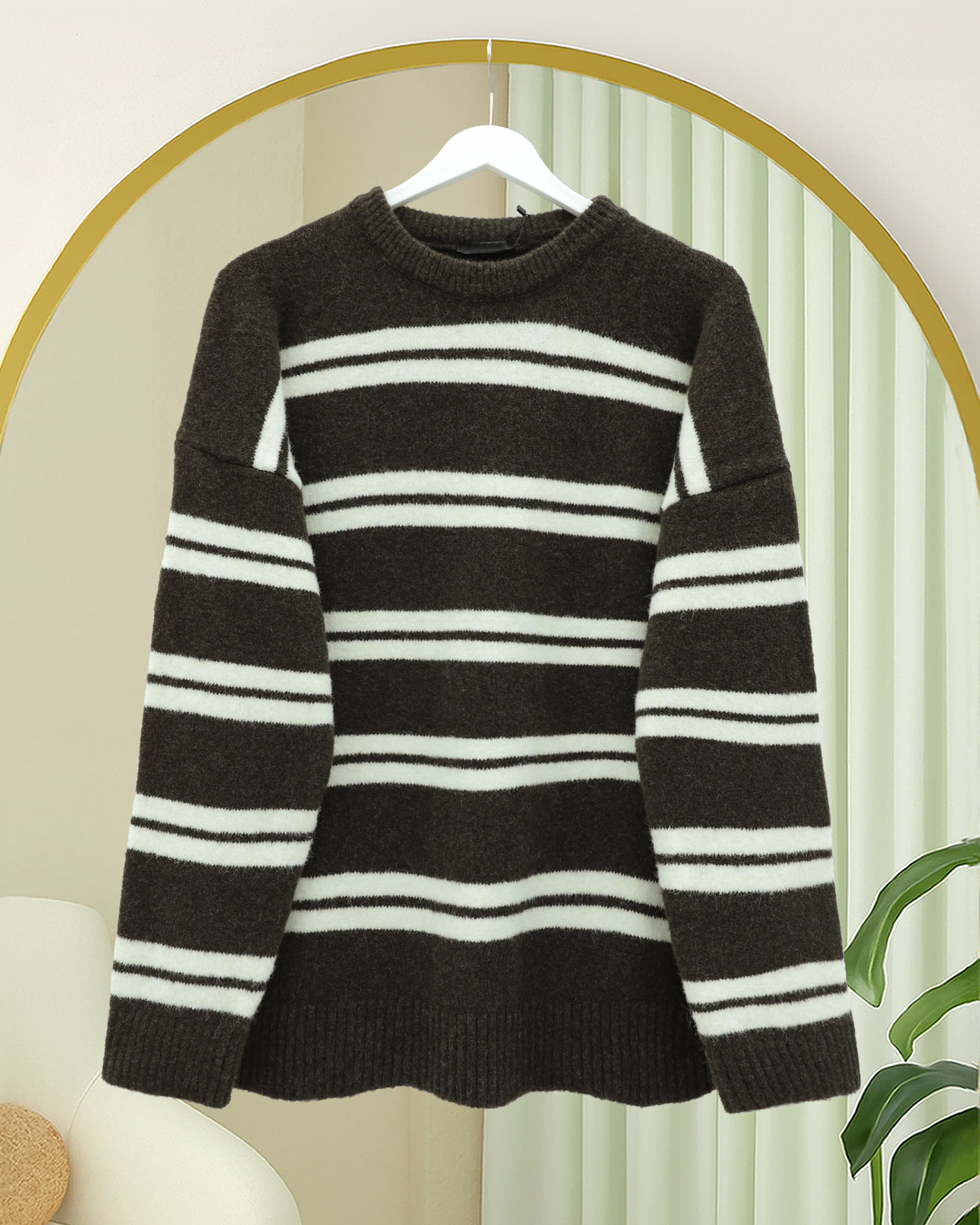 Round Neck Striped Soft Knit Sweater - Dark Brown - Podyumplus - by Peralane - photo 2