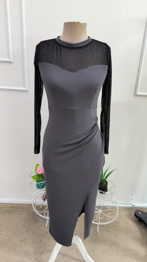 Women's Long Sleeve Sweetheart Neckline Tulle Embellished Midi Crepe Dress - Janes - by Peralane - photo 4