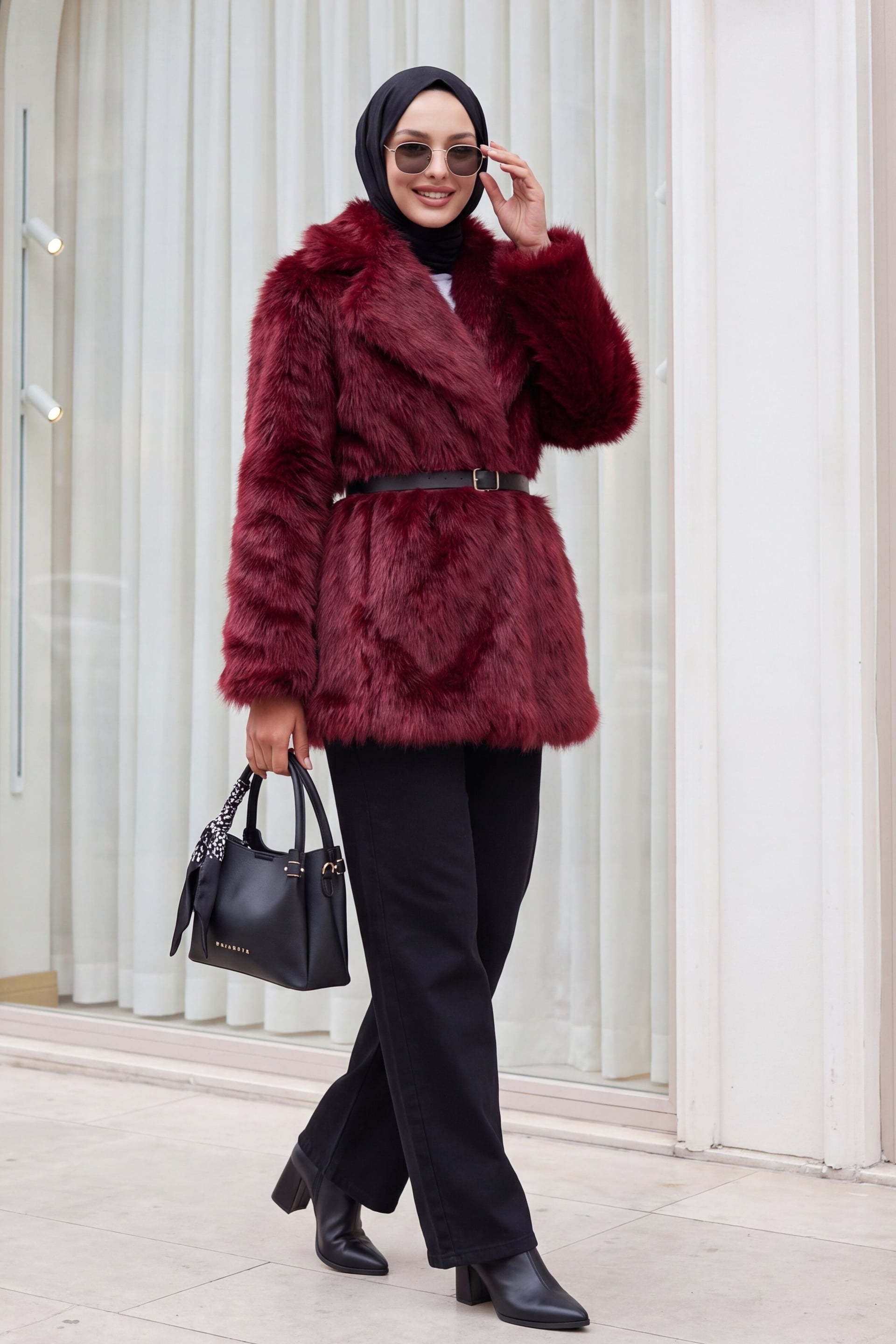Women's Oversized Faux Fur Coat with Belt - Bordeaux - Bigdart - by Peralane - photo 3