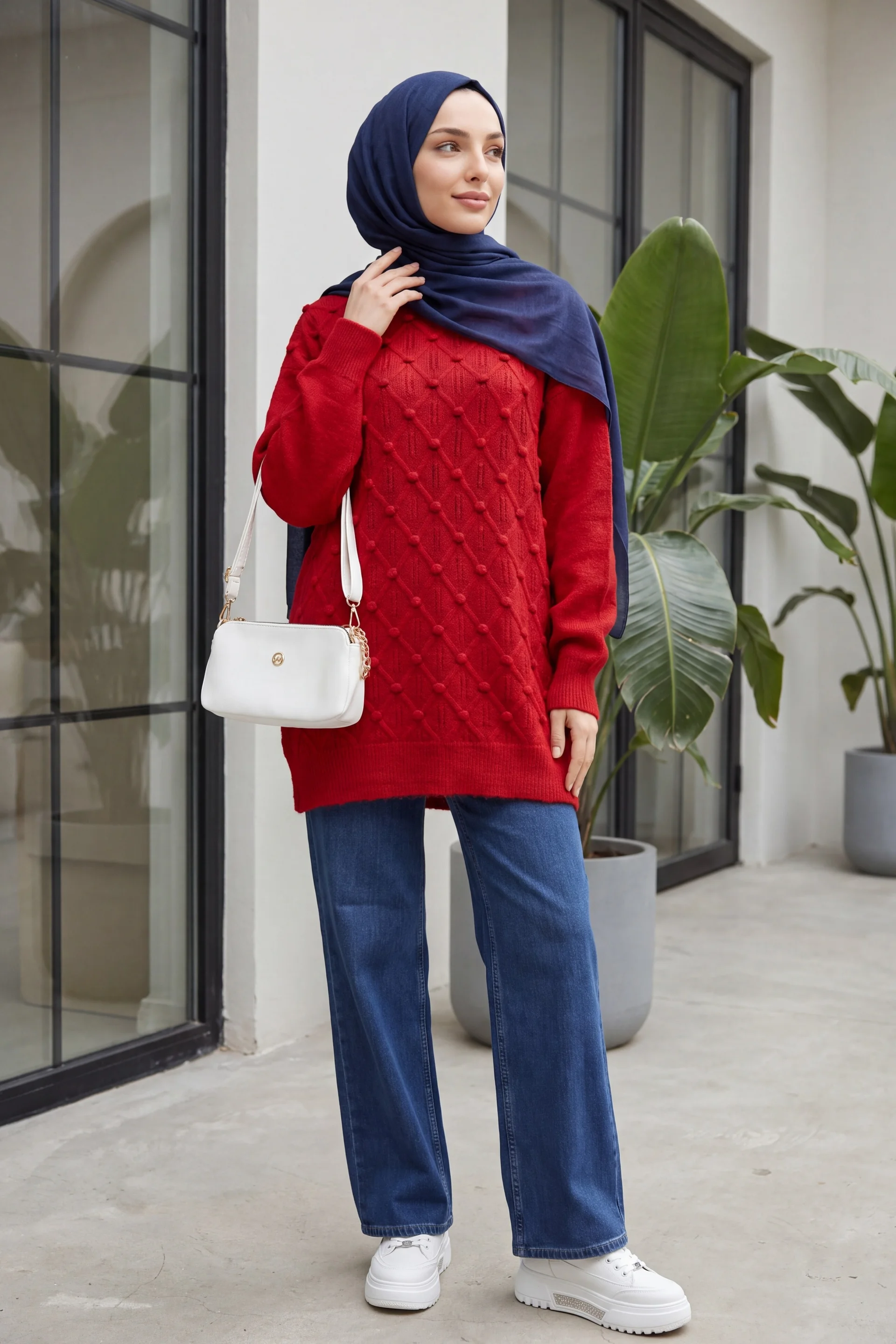 Red Checkered Relaxed Knit Tunic with Bicycle Neck and Pom-Pom Details - Podyumplus - by Peralane - photo 4