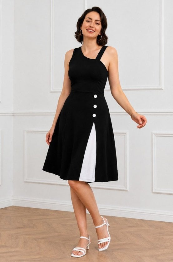 Women's Sleeveless Black Midi Dress with Asymmetrical Neckline and White Panel - Janes - by Peralane - photo 3