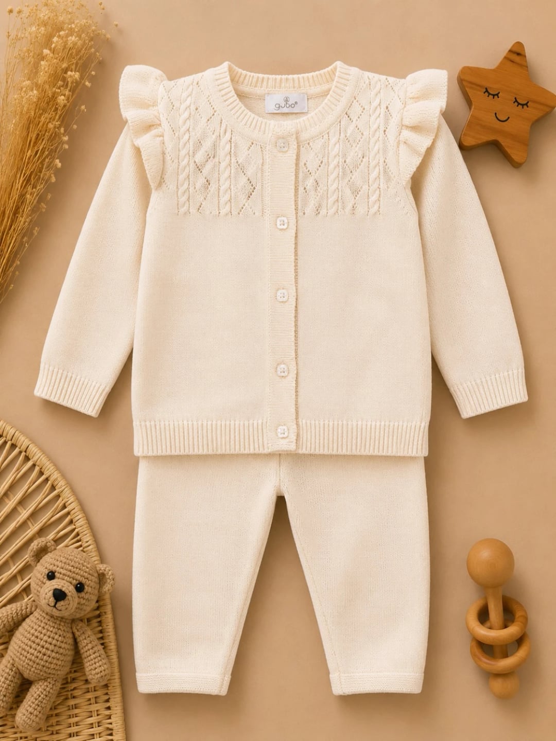 2-Piece Knitted Baby Set - Cream - Has Bereket - by Peralane