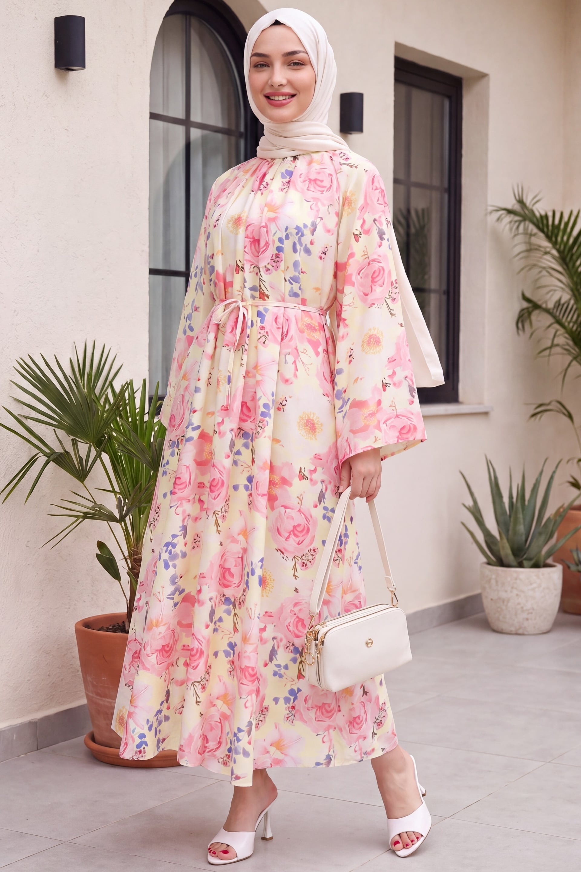 Mandarin Collar Belted Patterned Polyviscose Dress - Pink - Podyumplus - by Peralane - photo 2