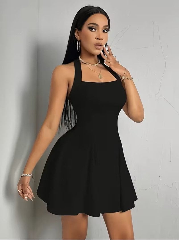 Women's Black Sleeveless Halter-Neck Square-Neckline Flared Dress with Side Slit - Janes - by Peralane - photo 2