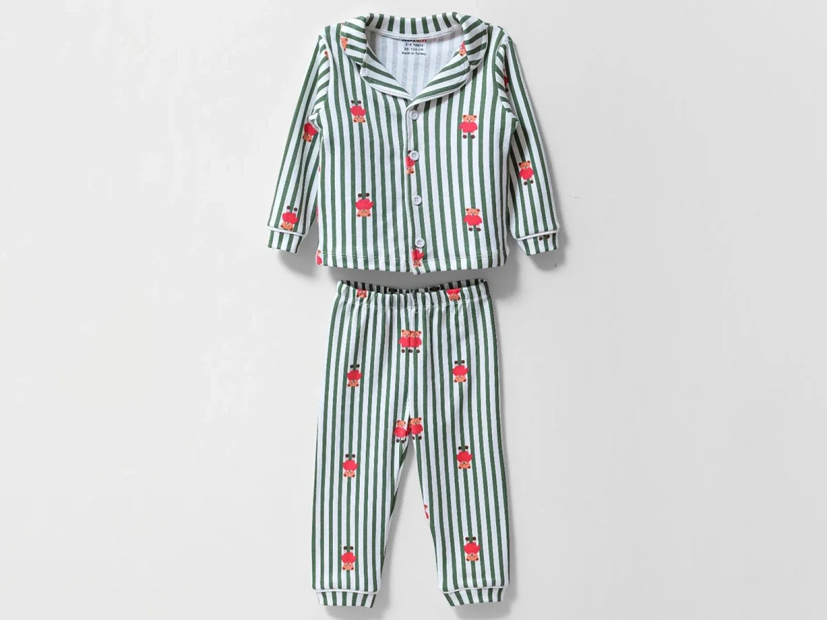 Striped Teddy Bear Print Button-Collar Boys' Pajama Set (4-Pack) - Dolas - by Peralane