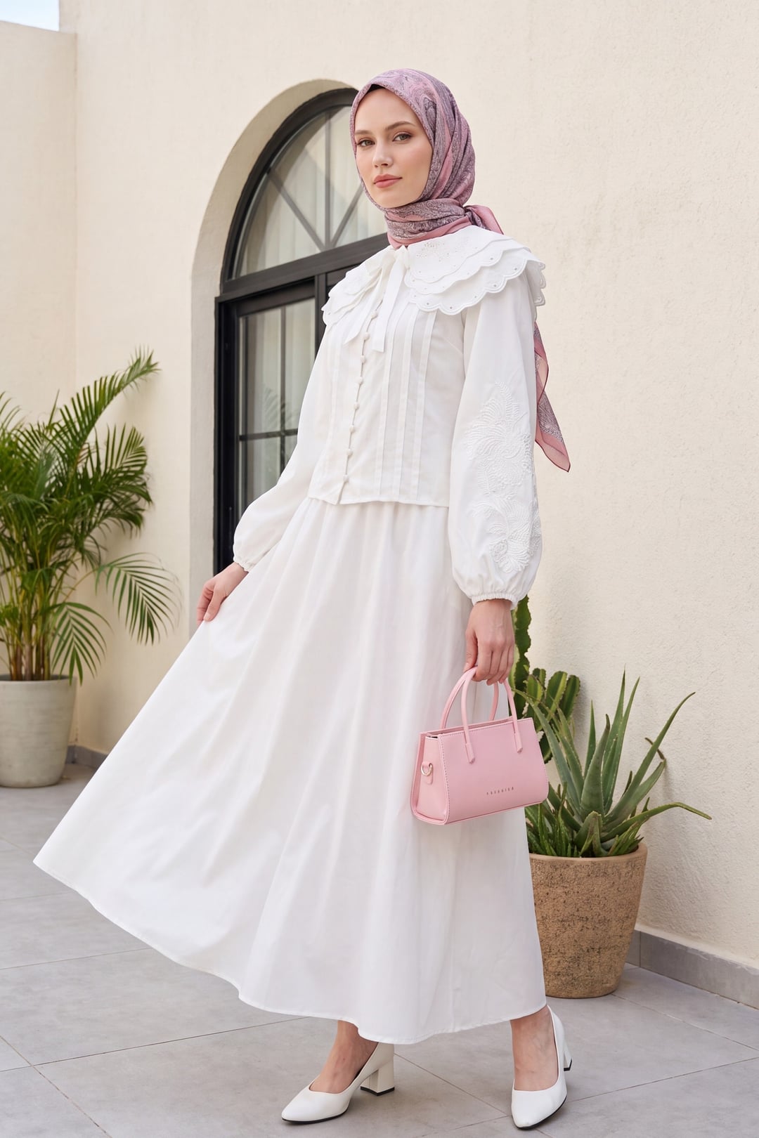 Wide Collar Tie-Front Sleeve Elastic Lined Poplin Set - White - Podyumplus - by Peralane - photo 3