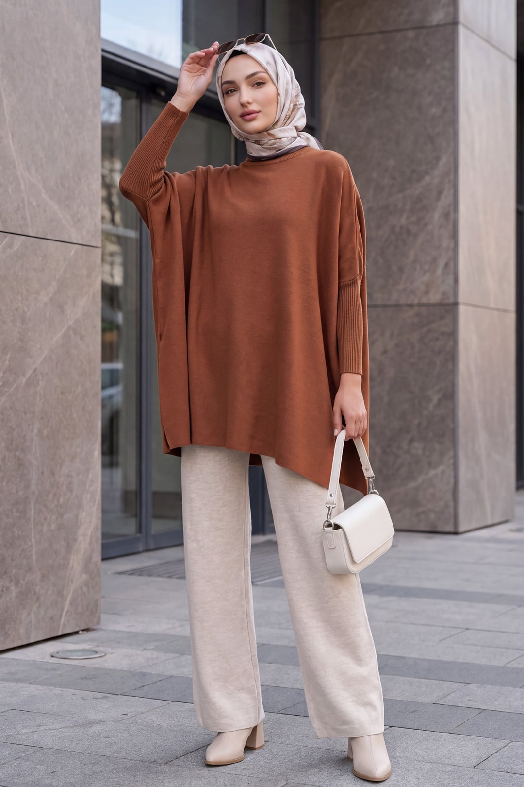 Oversize Pancho Knit Sweater with Side Slits - Rust - Bigdart - by Peralane - photo 5
