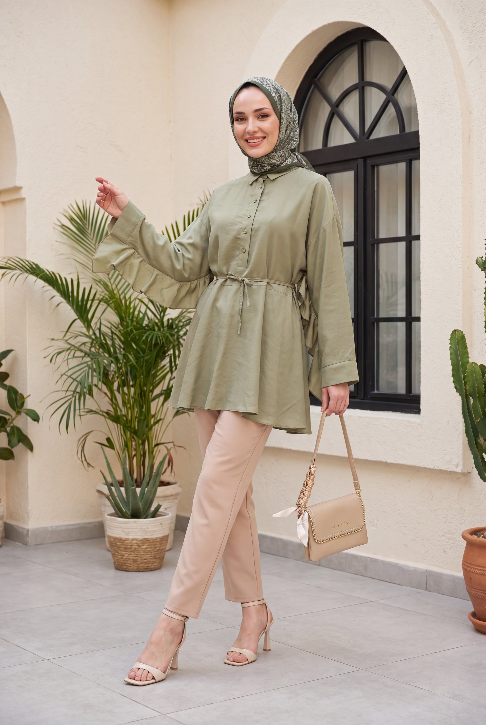 Buttoned Belted Batwing Sleeve Oversize Modal Tunic - Olive Green - Podyumplus - by Peralane - photo 3