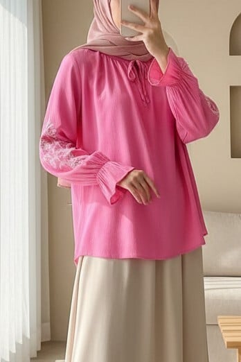 Pink Tie-Neck Blouse with Embroidered Sleeves - Podyumplus - by Peralane