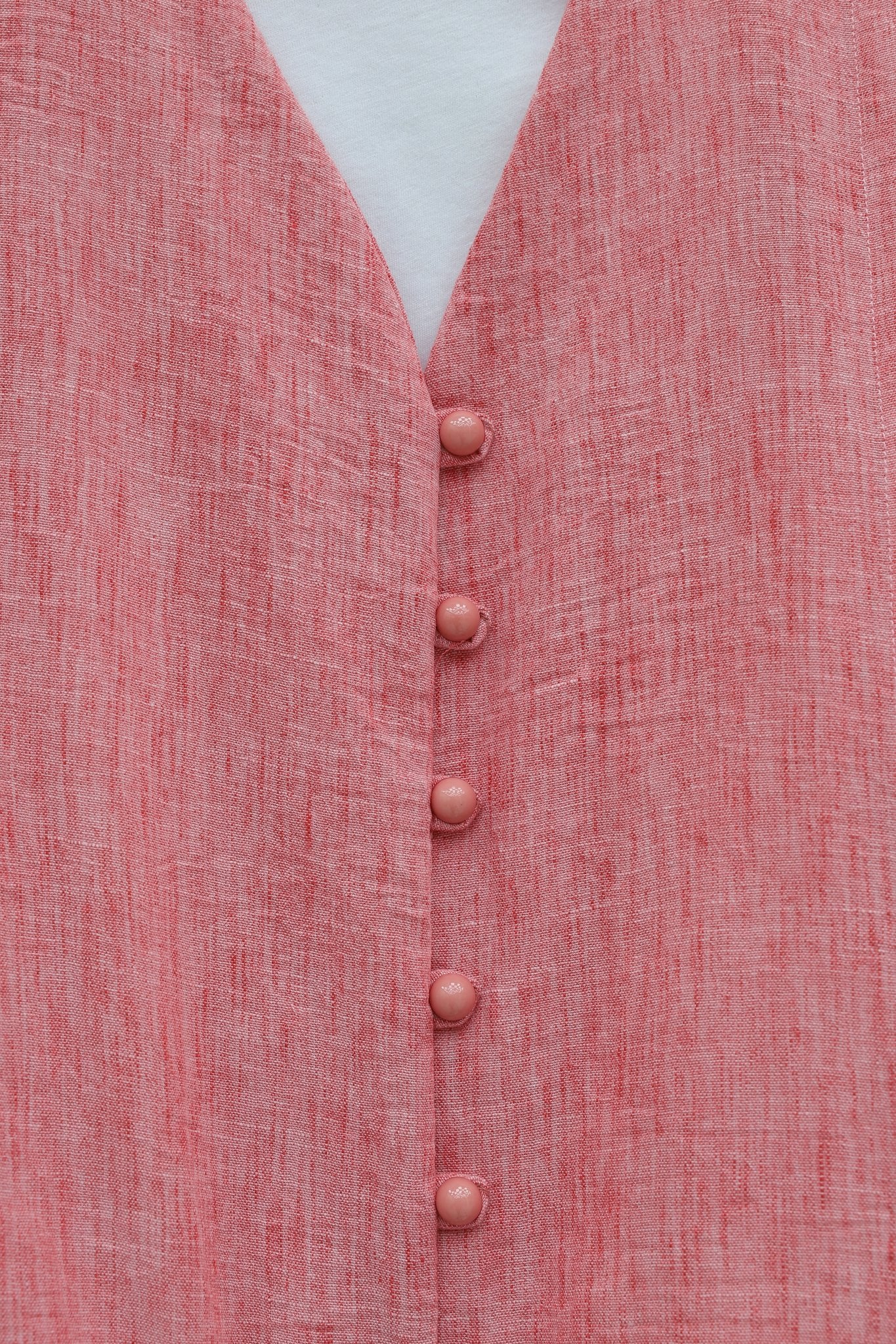 V-Neck Button-Front Pleated Detail Linen Look Co-ord Set - Pomegranate - Podyumplus - by Peralane - photo 4