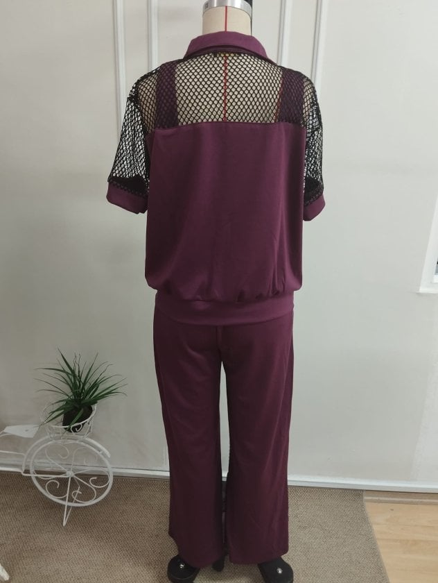 Women's Short-Sleeve Collared Button-Front Mesh Detail Modal Jacket and Trousers Two-Piece Set - Janes - by Peralane - photo 7