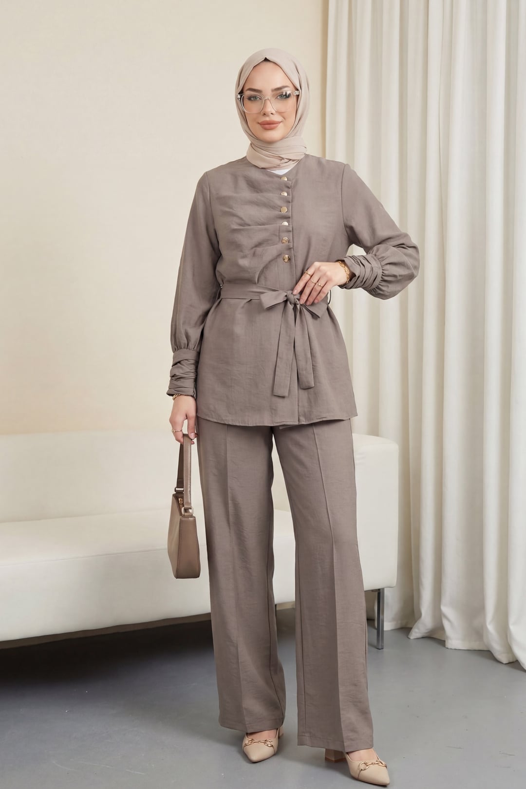 Cupra Two-Piece Set with Tunic Top and Wide-Leg Trousers - Taupe - Podyumplus - by Peralane
