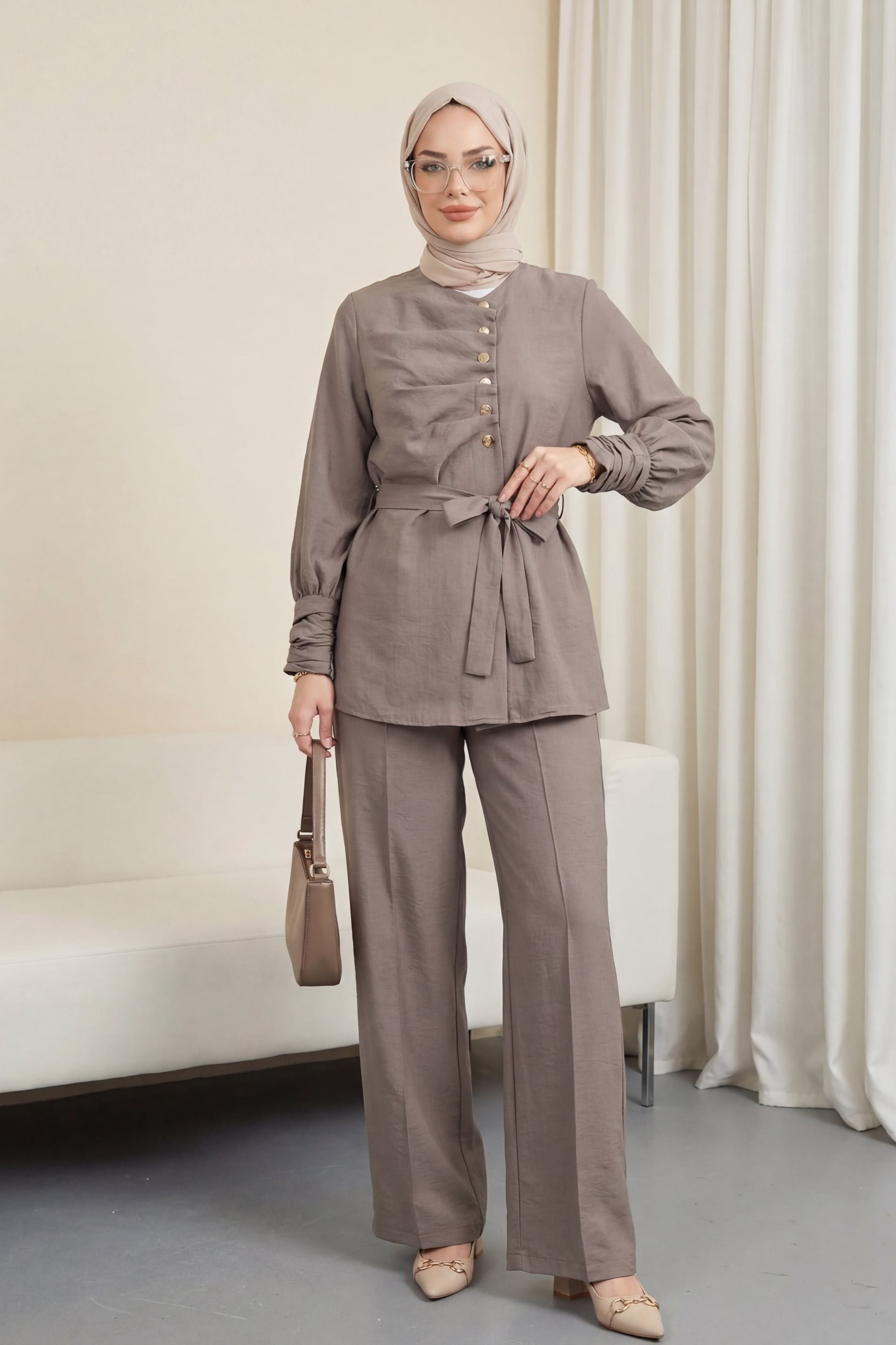 Cupra Two-Piece Set with Tunic Top and Wide-Leg Trousers - Taupe - Podyumplus - by Peralane
