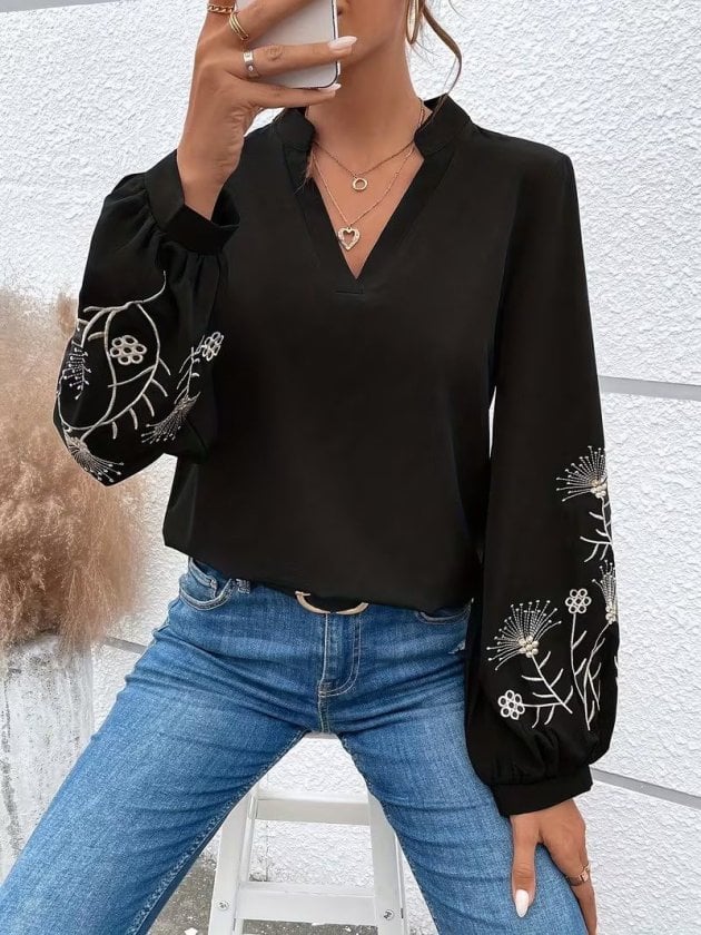 Women's Long Sleeve V-Neck Blouse with Floral Embroidered Sleeves - Janes - by Peralane - photo 2