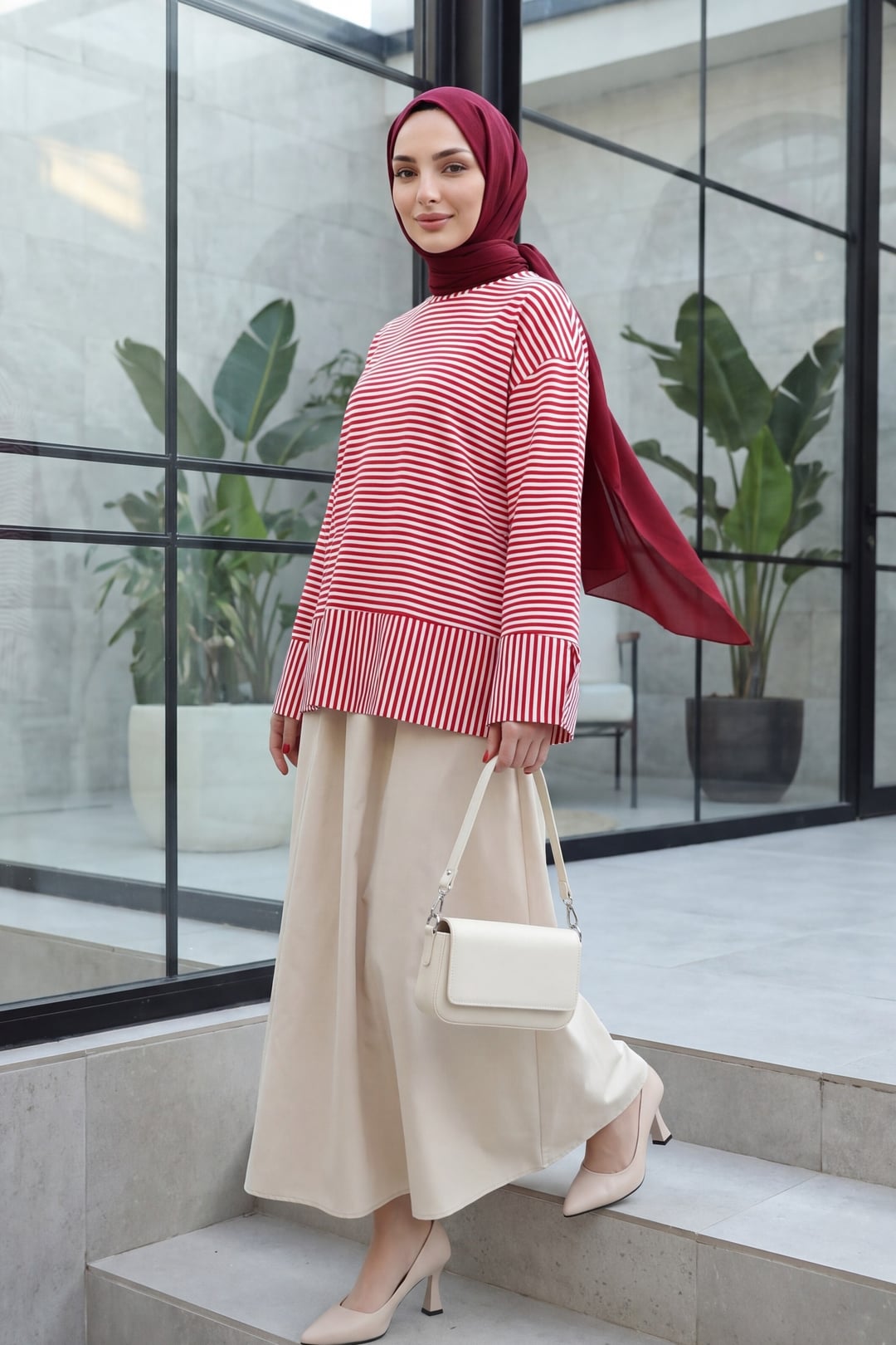 Red Striped Viscose Sweatshirt with Crew Neck and Side Slits - Podyumplus - by Peralane - photo 3