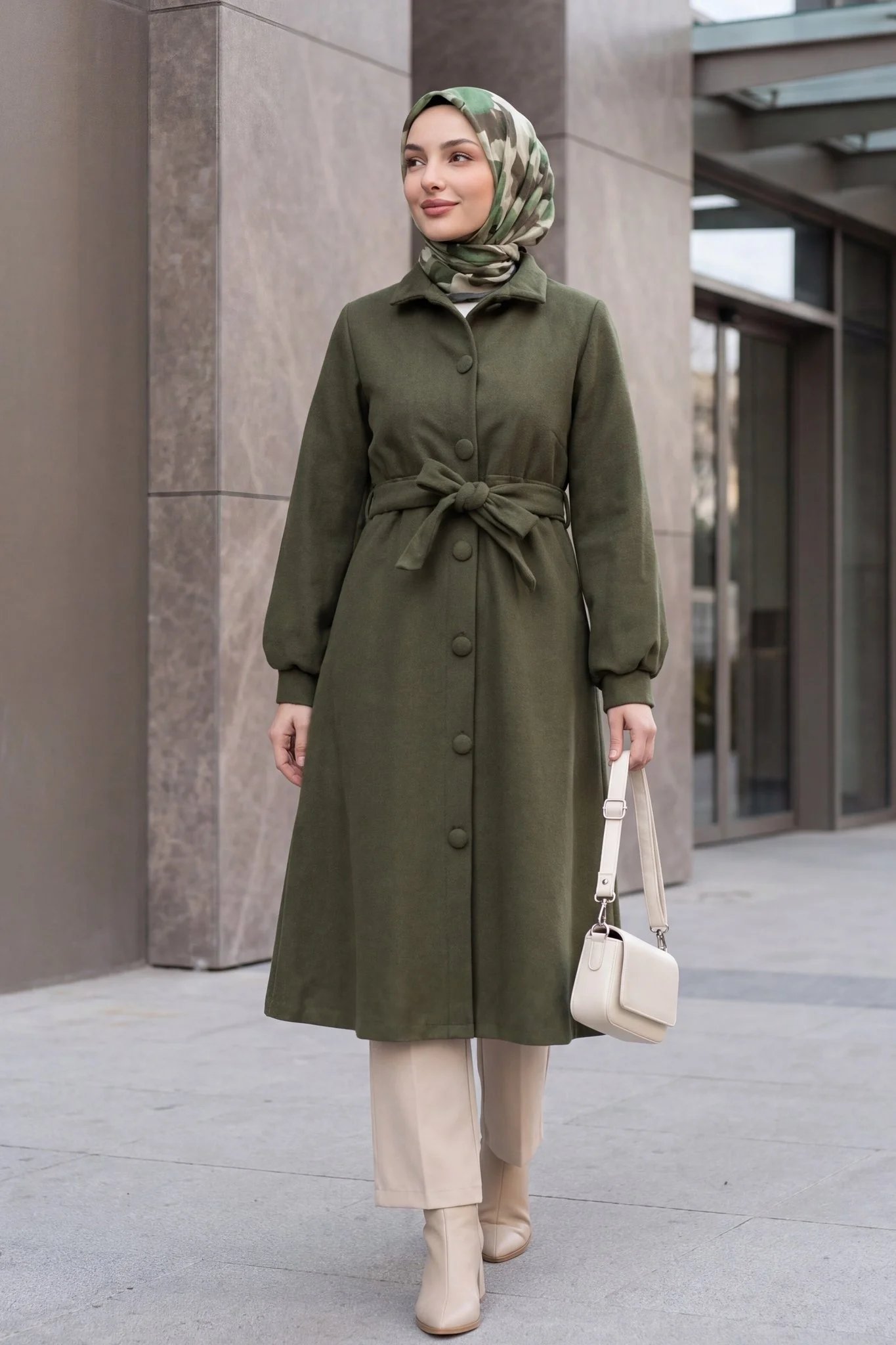 Tie-Waist Mock Two-Button Cashmere Coat in Olive - Podyumplus - by Peralane - photo 6