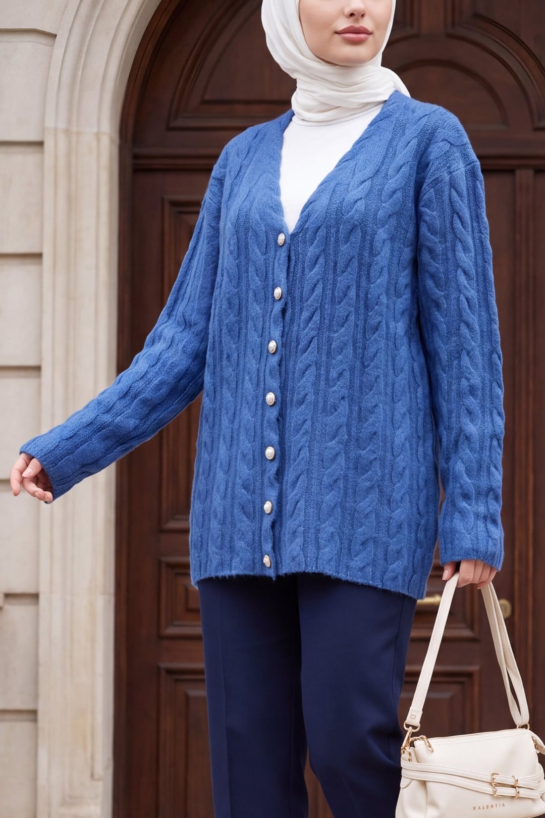 Cable Knit Cardigan with Pearl Buttons - Indigo - Podyumplus - by Peralane