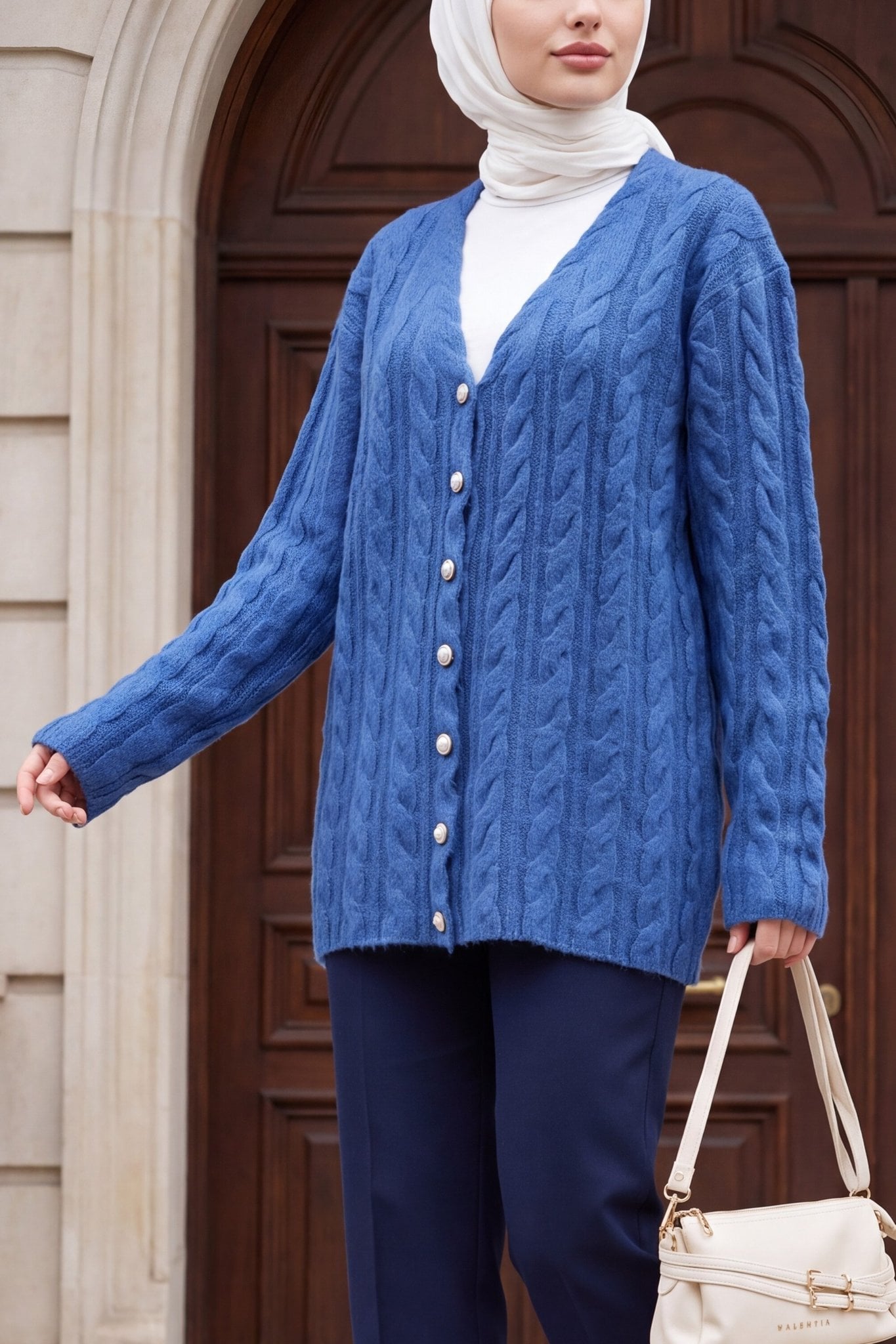 Cable Knit Cardigan with Pearl Buttons - Indigo - Podyumplus - by Peralane
