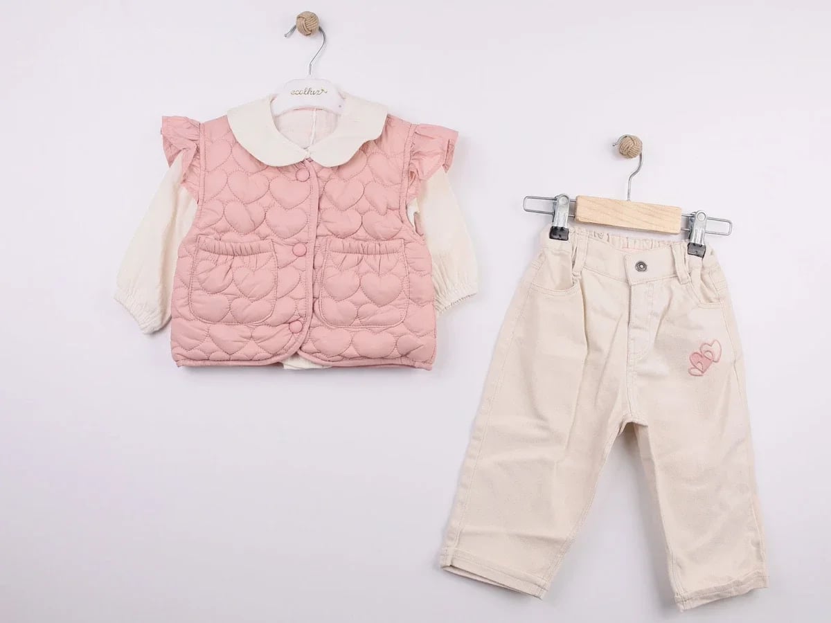 Girls' 3-Piece Luxury Set with Quilted Vest and Ruffled Shirt - Ecolkiz - by Peralane