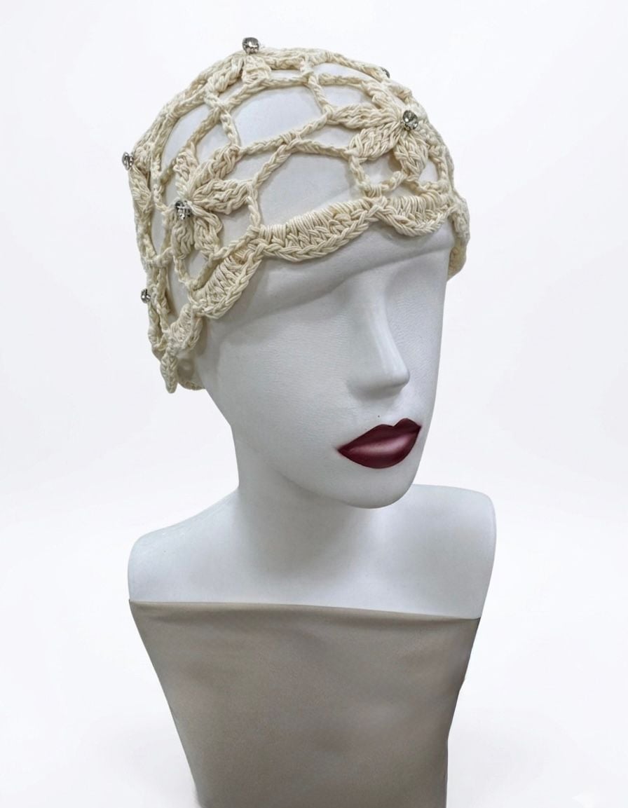 Cream Crochet Knit Headband with Floral Pattern and Rhinestones - Nesvay - by Peralane - photo 3