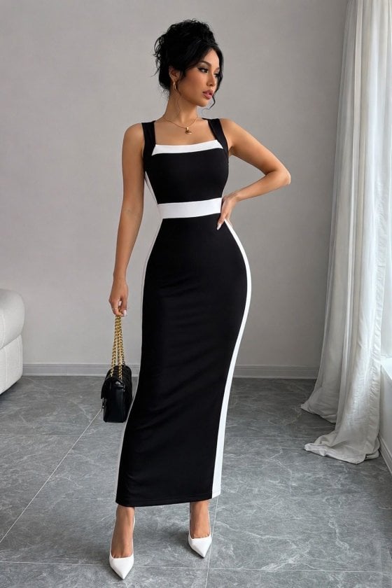 Women's Sleeveless Color-Block Maxi Dress with Geometric Neckline - Janes - by Peralane - photo 3