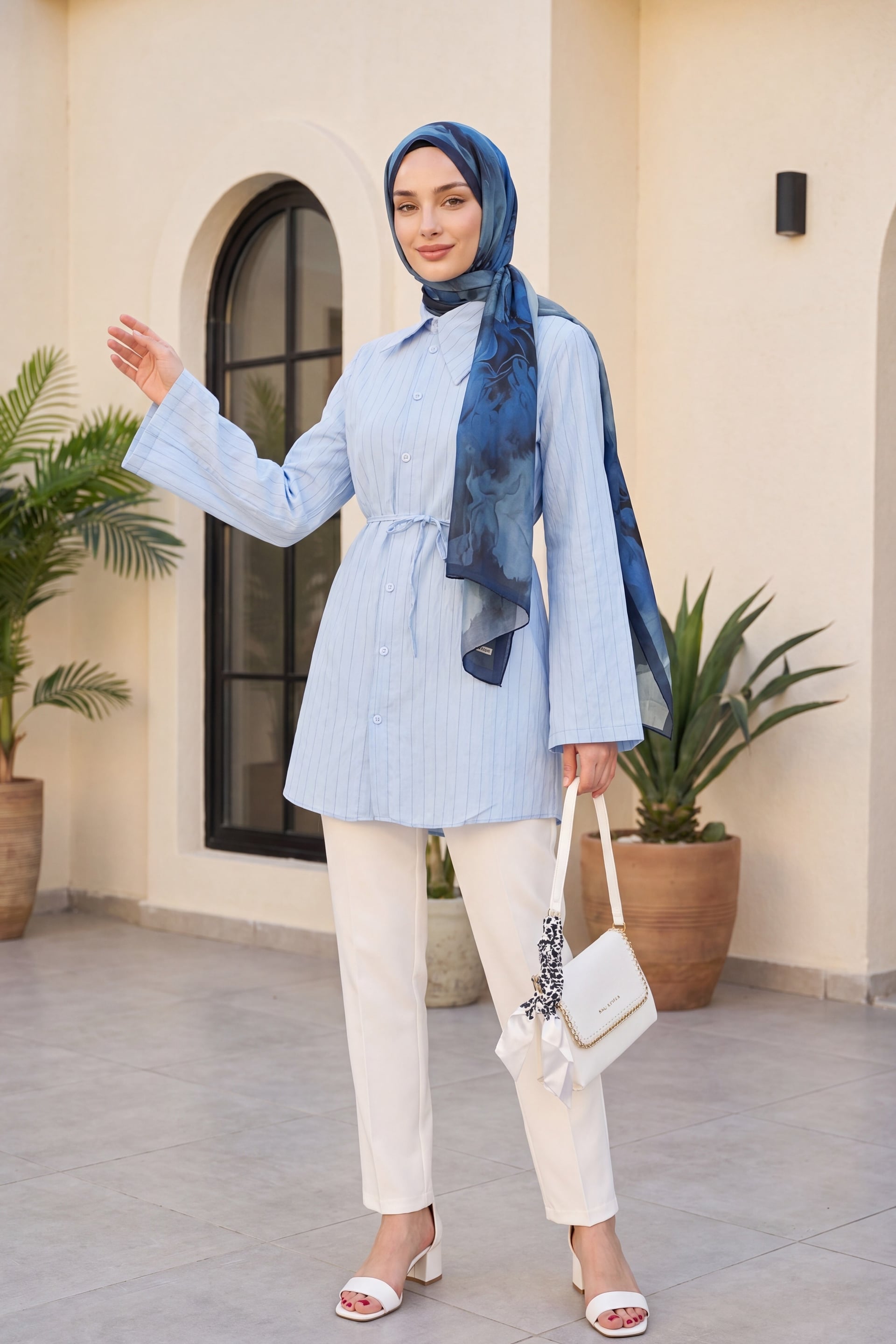 Women's Light Blue Striped Crinkle Shirt with Side Collar, Full Button Front and Self-Tie Belt - Podyumplus - by Peralane - photo 3