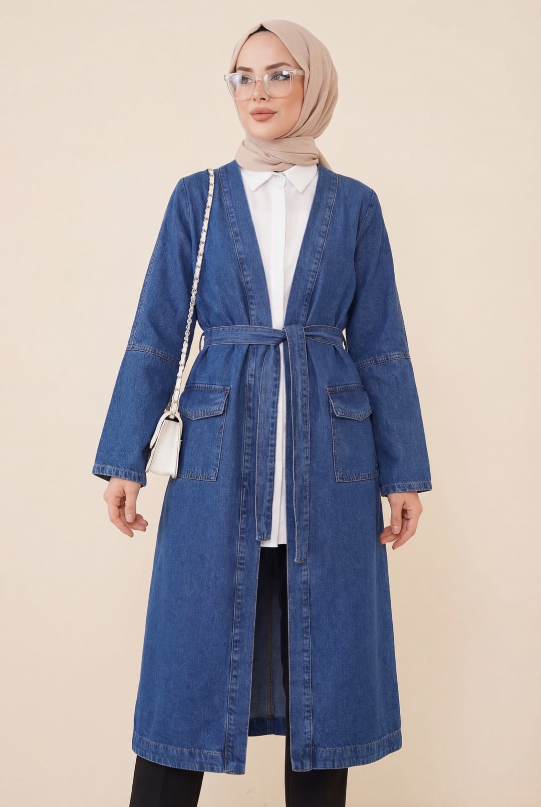 Indigo Tie Waist Long Denim Jacket with Pockets - Podyumplus - by Peralane - photo 2
