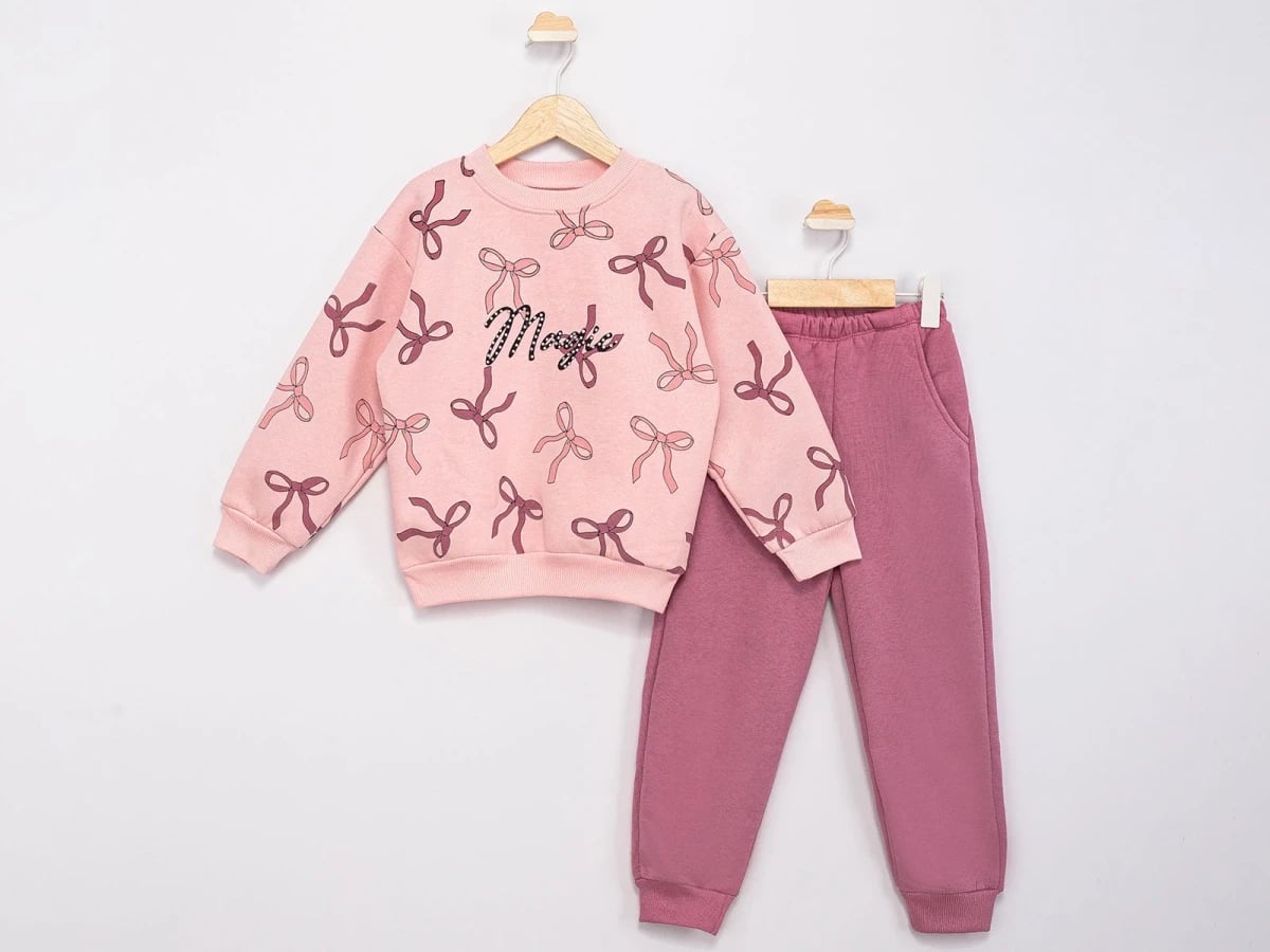 Bow Print Sequin Detail 3-Thread Brushed Girls' Tracksuit Set - Feely Kids - by Peralane